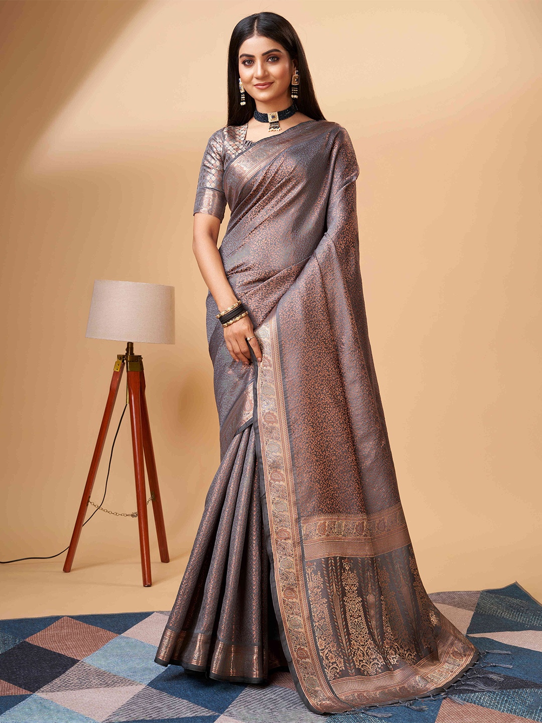 

PHEASANT Ethnic Motifs Woven Design Zari Pure Silk Banarasi Saree, Grey