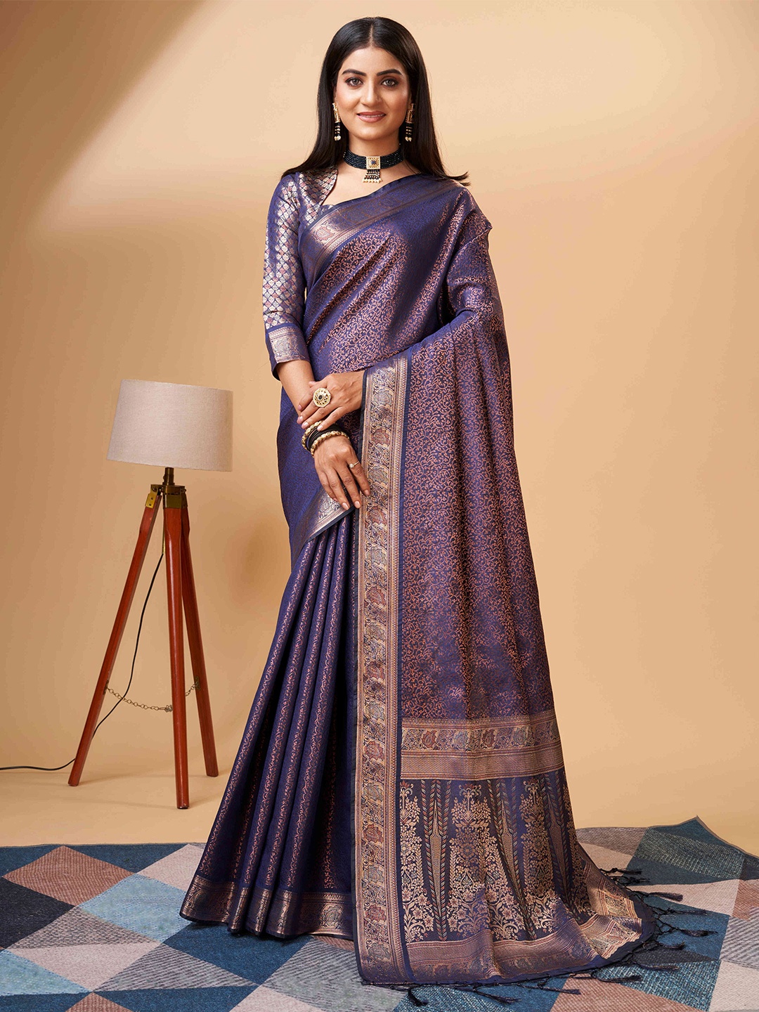 

PHEASANT Ethnic Motifs Woven Design Zari Pure Silk Banarasi Saree, Navy blue