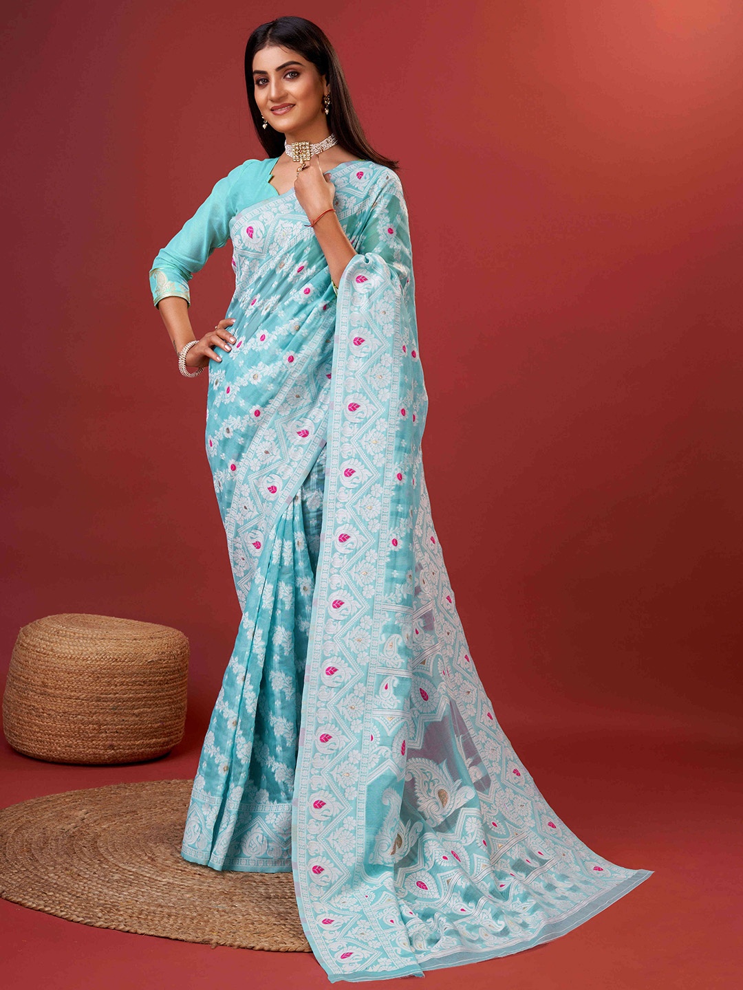 

PHEASANT Ethnic Motifs Woven Design Zari Pure Cotton Banarasi Saree, Blue