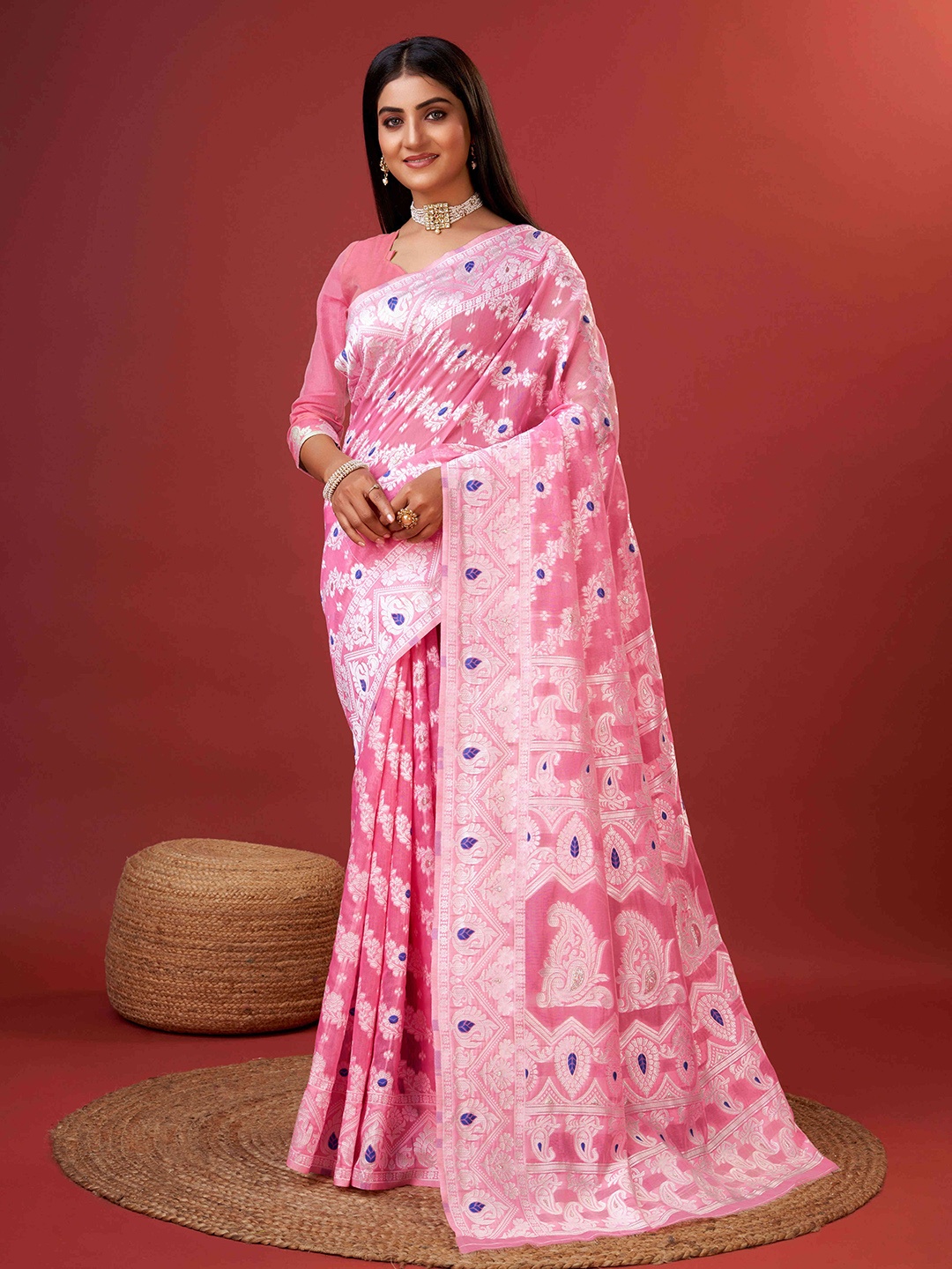 

PHEASANT Floral Woven Design Zari Pure Cotton Banarasi Saree, Pink