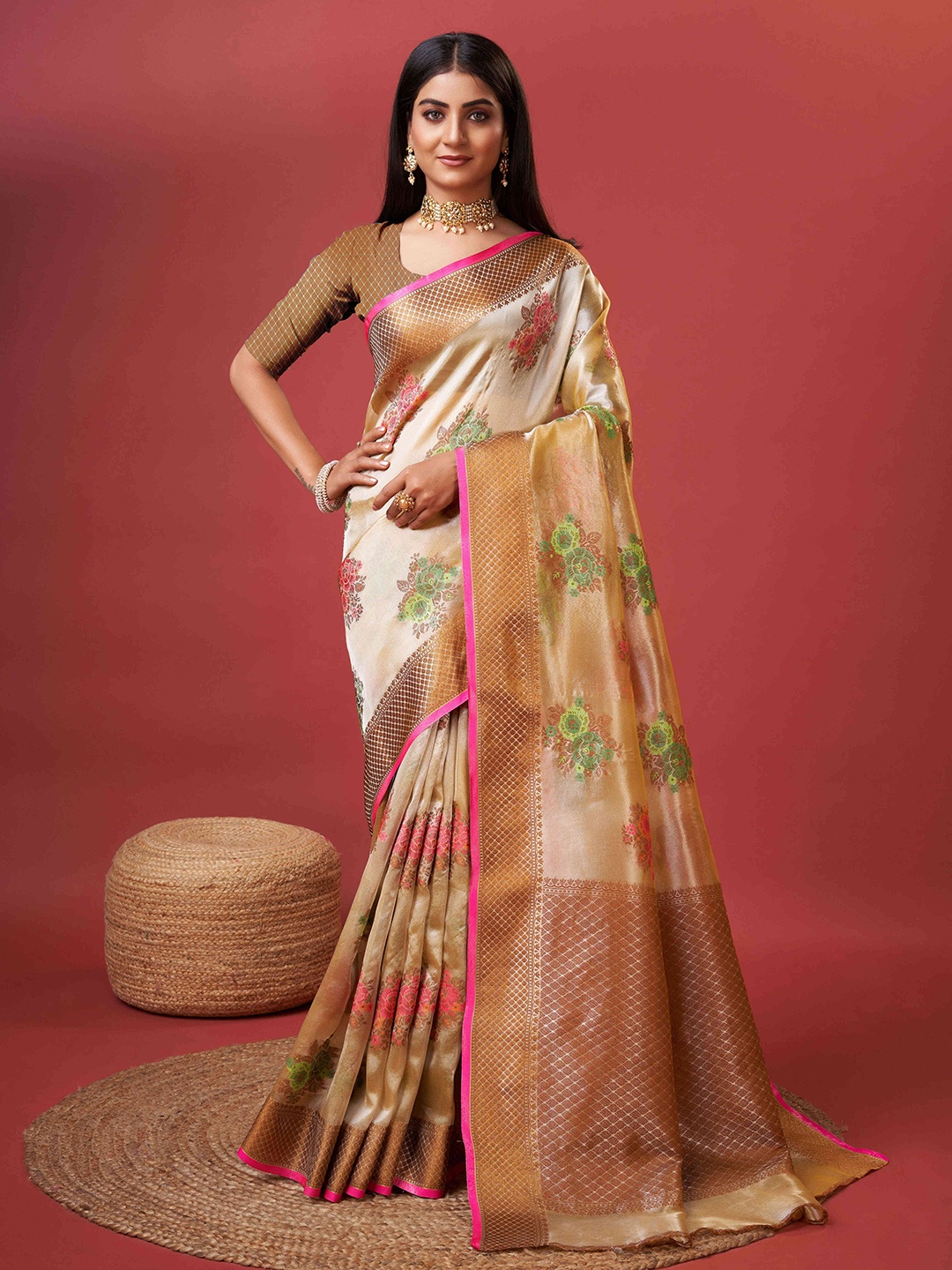 

PHEASANT Woven Design Zari Silk Blend Banarasi Saree, Beige
