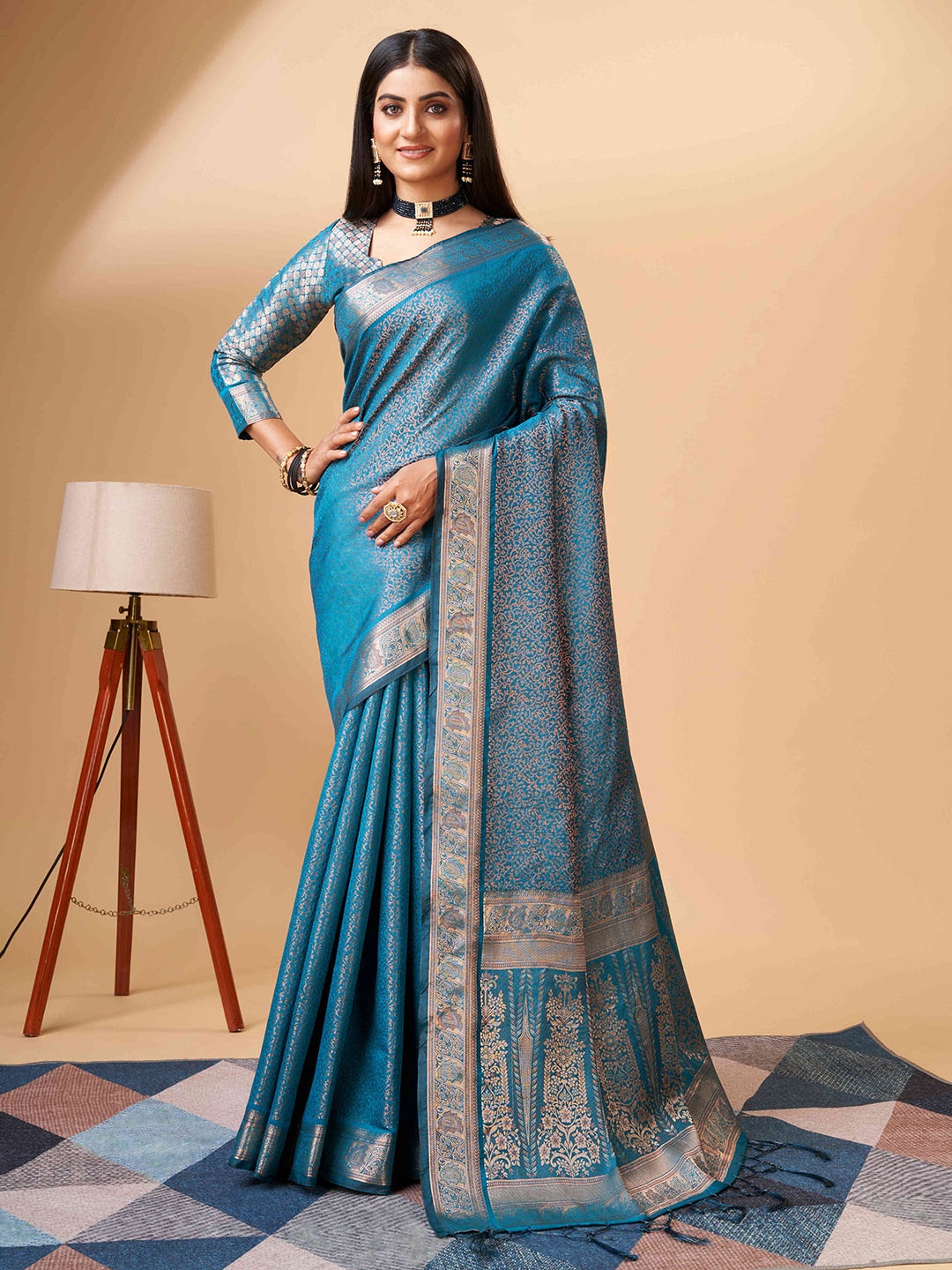 

PHEASANT Ethnic Motifs Woven Design Zari Pure Silk Banarasi Saree, Blue