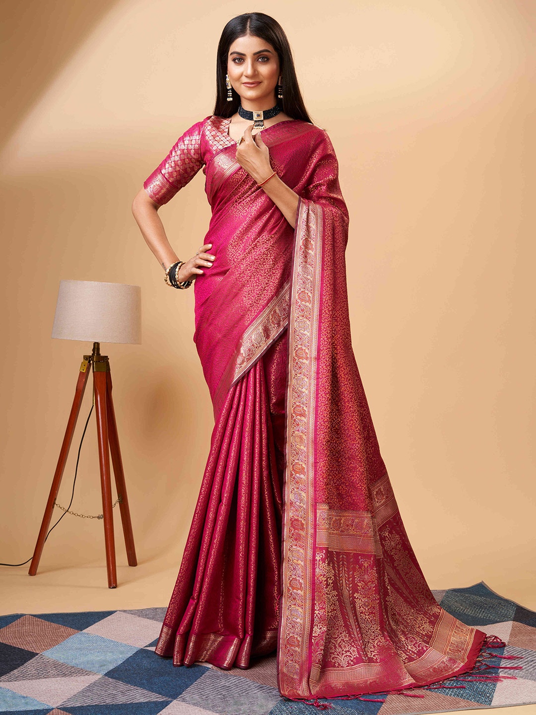 

PHEASANT Ethnic Motifs Woven Design Zari Pure Silk Banarasi Saree, Pink