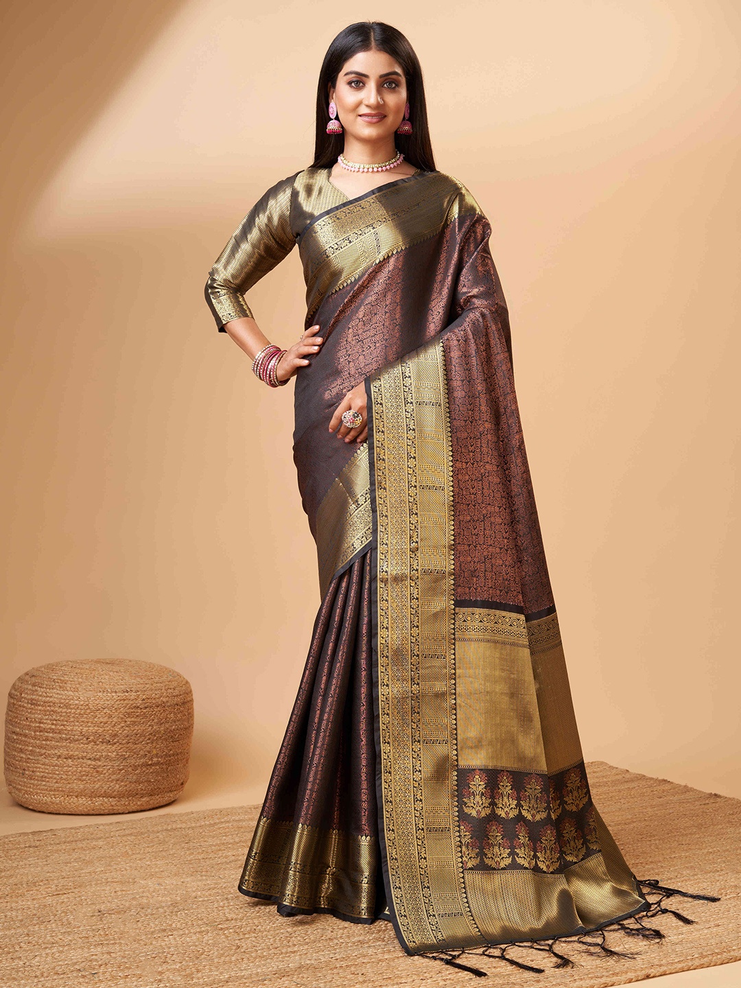 

PHEASANT Woven Design Zari Pure Silk Banarasi Saree, Black