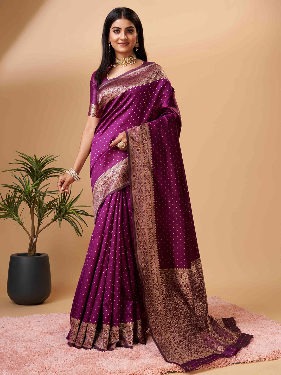 

PHEASANT Ethnic Motifs Woven Design Zari Banarasi Saree, Purple