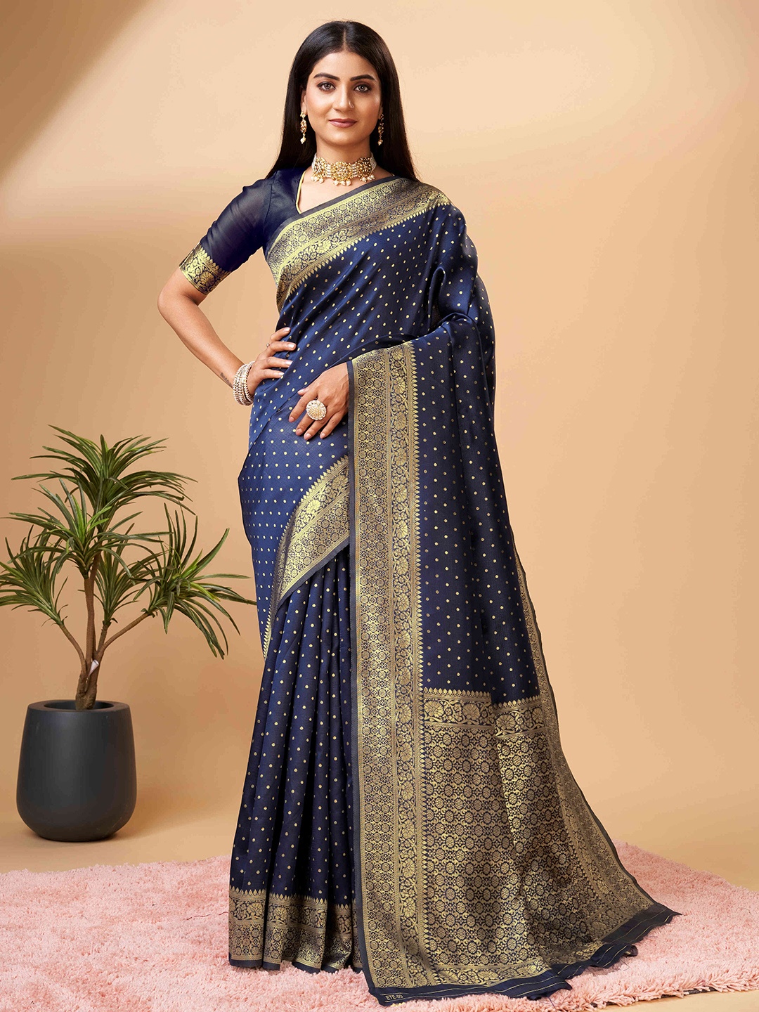 

PHEASANT Ethnic Motifs Woven Design Zari Banarasi Saree, Navy blue