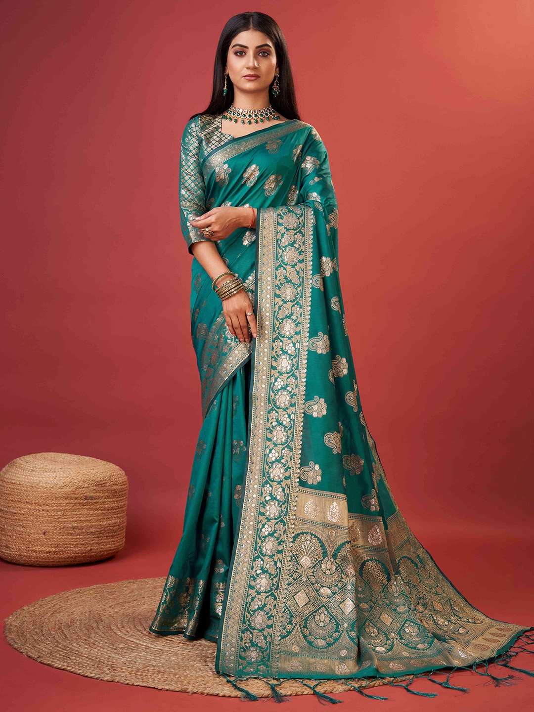 

PHEASANT Ethnic Motifs Woven Design Zari Pure Silk Banarasi Saree, Sea green