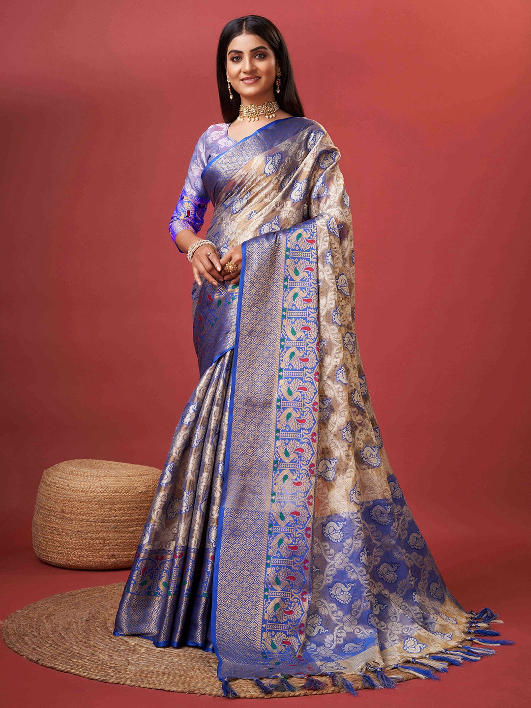 

PHEASANT Ethnic Motifs Woven Design Zari Organza Banarasi Saree, Blue
