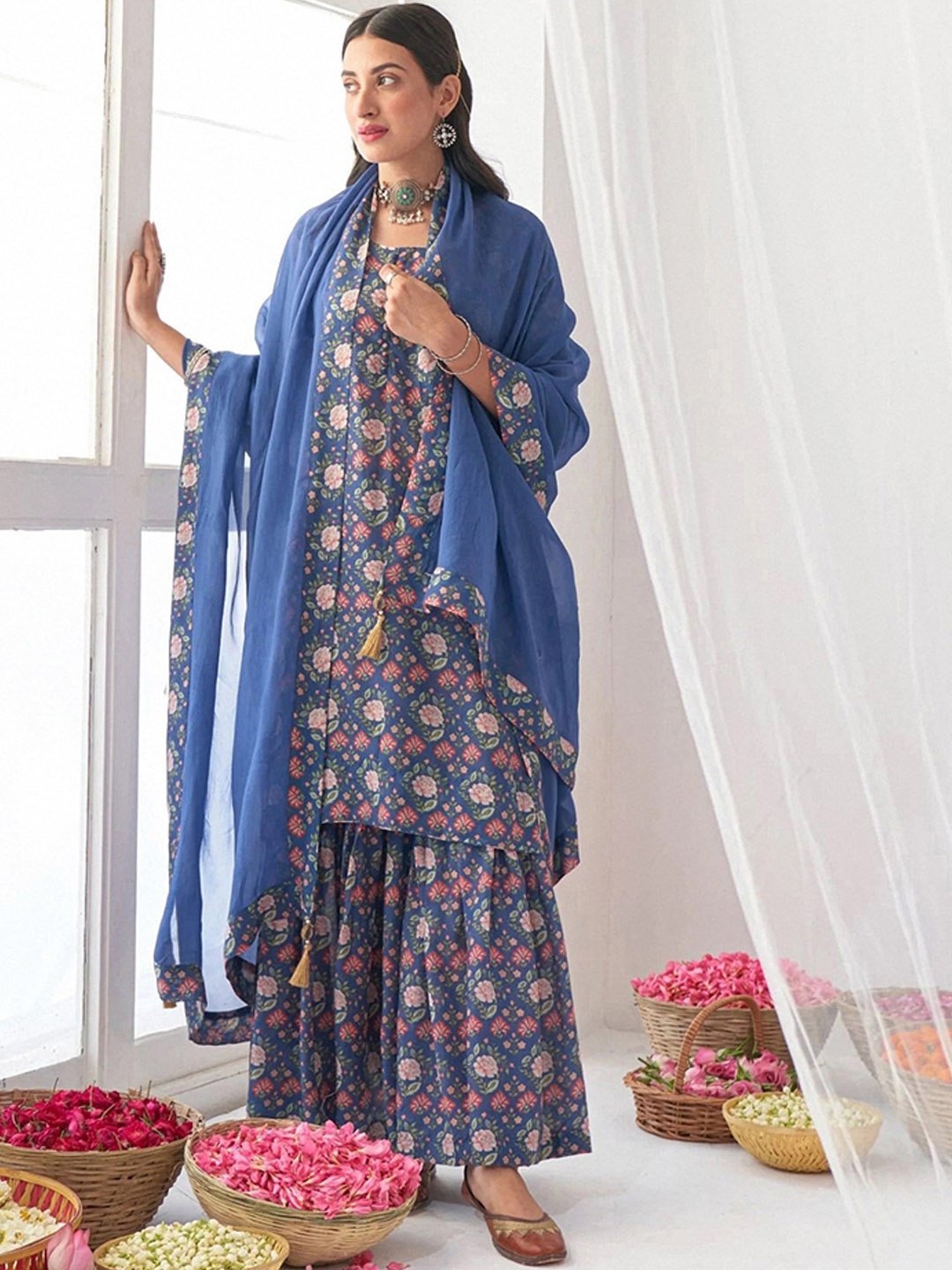 

Vaidehi Fashion Floral Printed Kurta with Sharara & Dupatta, Blue