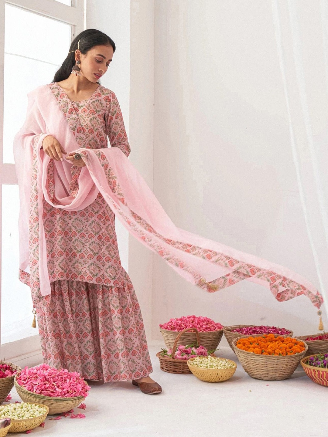 

Vaidehi Fashion Floral Printed Kurta with Sharara & Dupatta, Pink