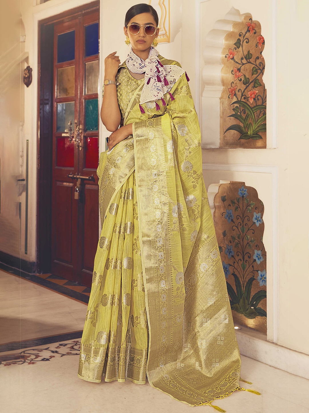 

Mitera Yellow & Gold-Toned Ethnic Motif Woven Design Zari Pure Linen Banarasi Saree
