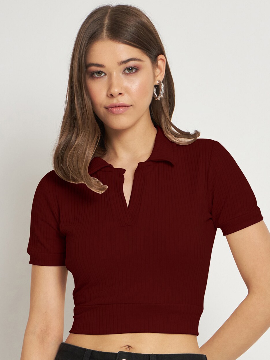 

CUFFS N LASHES Shirt Collar Ribbed Crop Top, Maroon