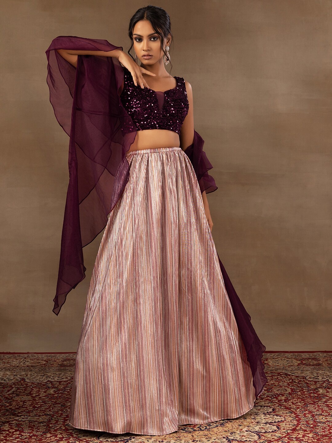 

Indya Luxe Embellished Sequinned Ready to Wear Lehenga & Blouse With Dupatta, Pink