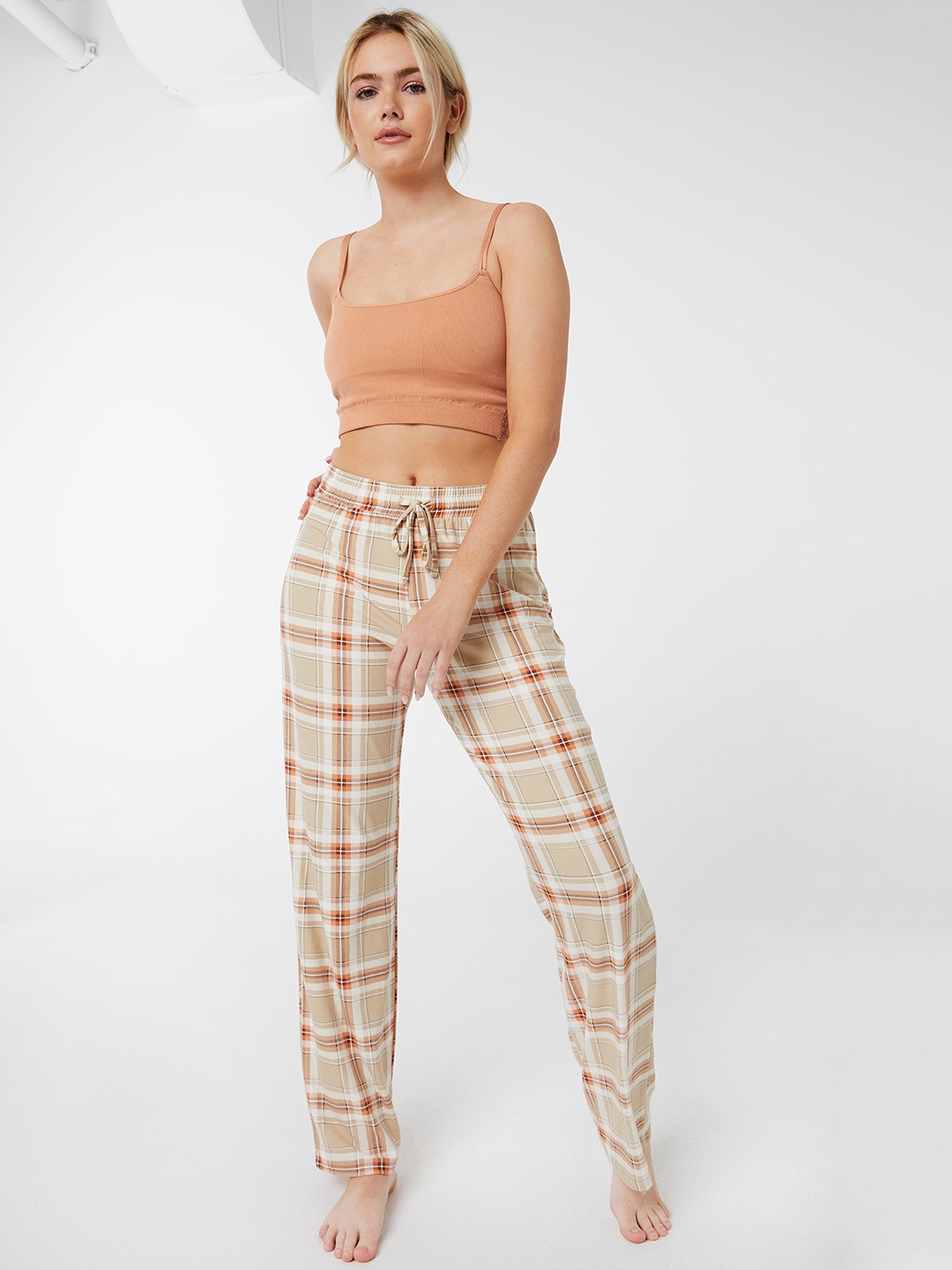 

Ardene Women Checked Drawstring Lounge Pants, Beige