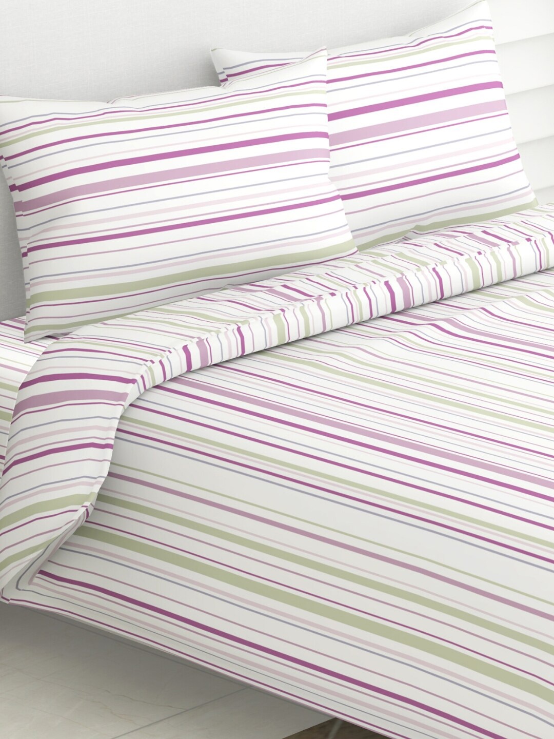 

haus & kinder White & Green Striped Cotton 186 TC King Bedsheet with 2 Pillow Covers