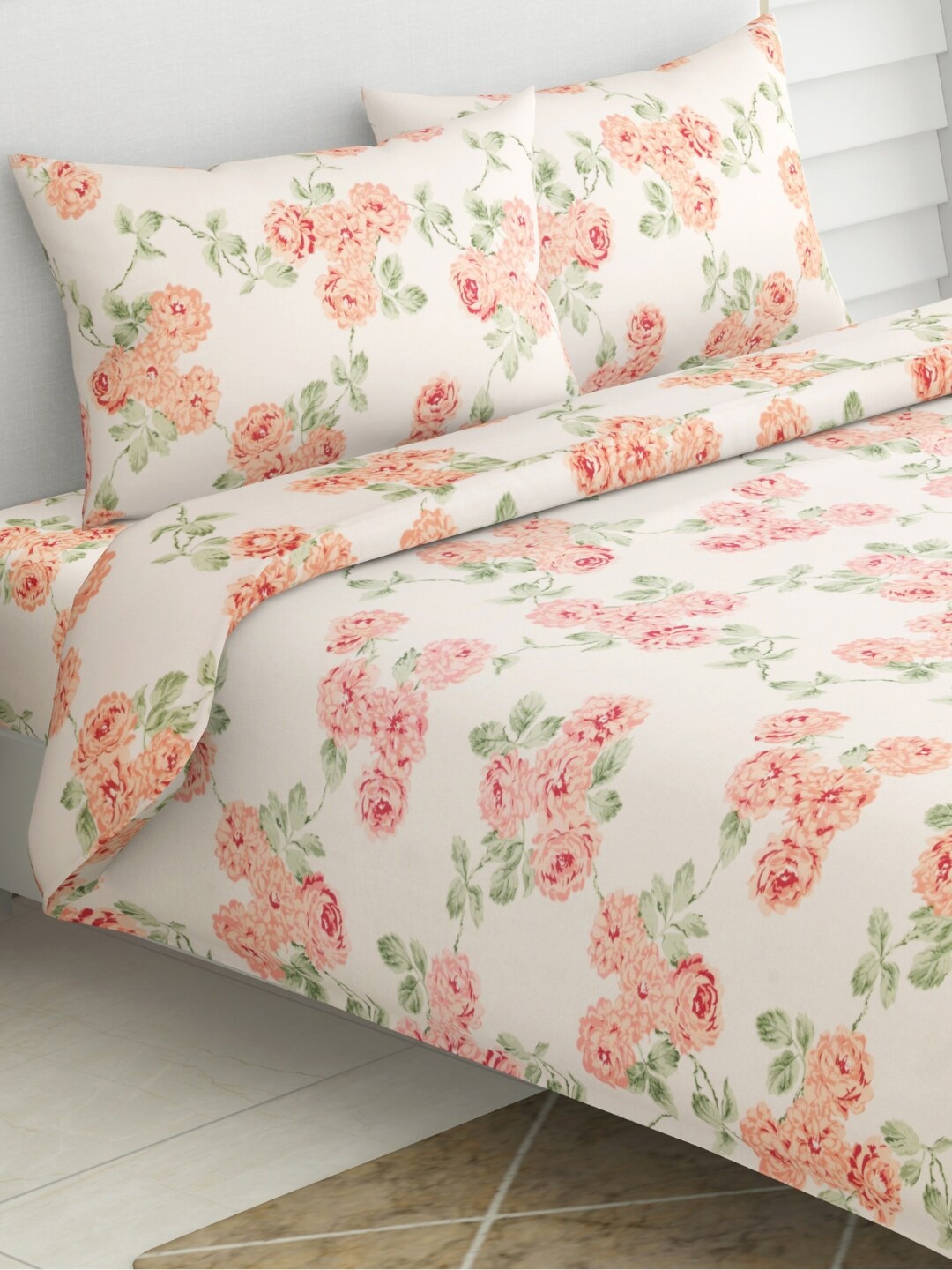 

haus & kinder White & Red Floral Pure Cotton 120 TC King Bedsheet With 2 Pillow Covers