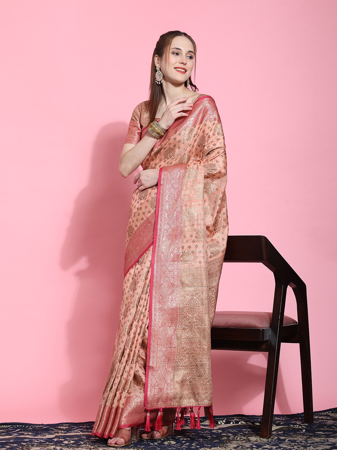 

YAVIRA SILK Ethnic Motifs Woven Design Zari Silk Blend Ready to Wear Banarasi Saree, Peach