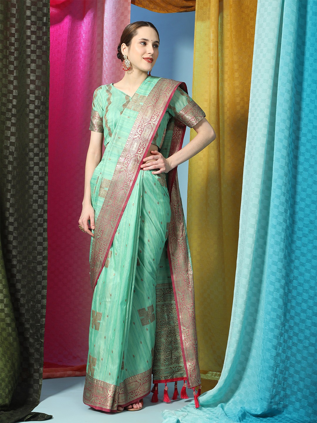 

YAVIRA SILK Ethnic Motifs Woven Design Zari Silk Blend Ready to Wear Banarasi Saree, Blue