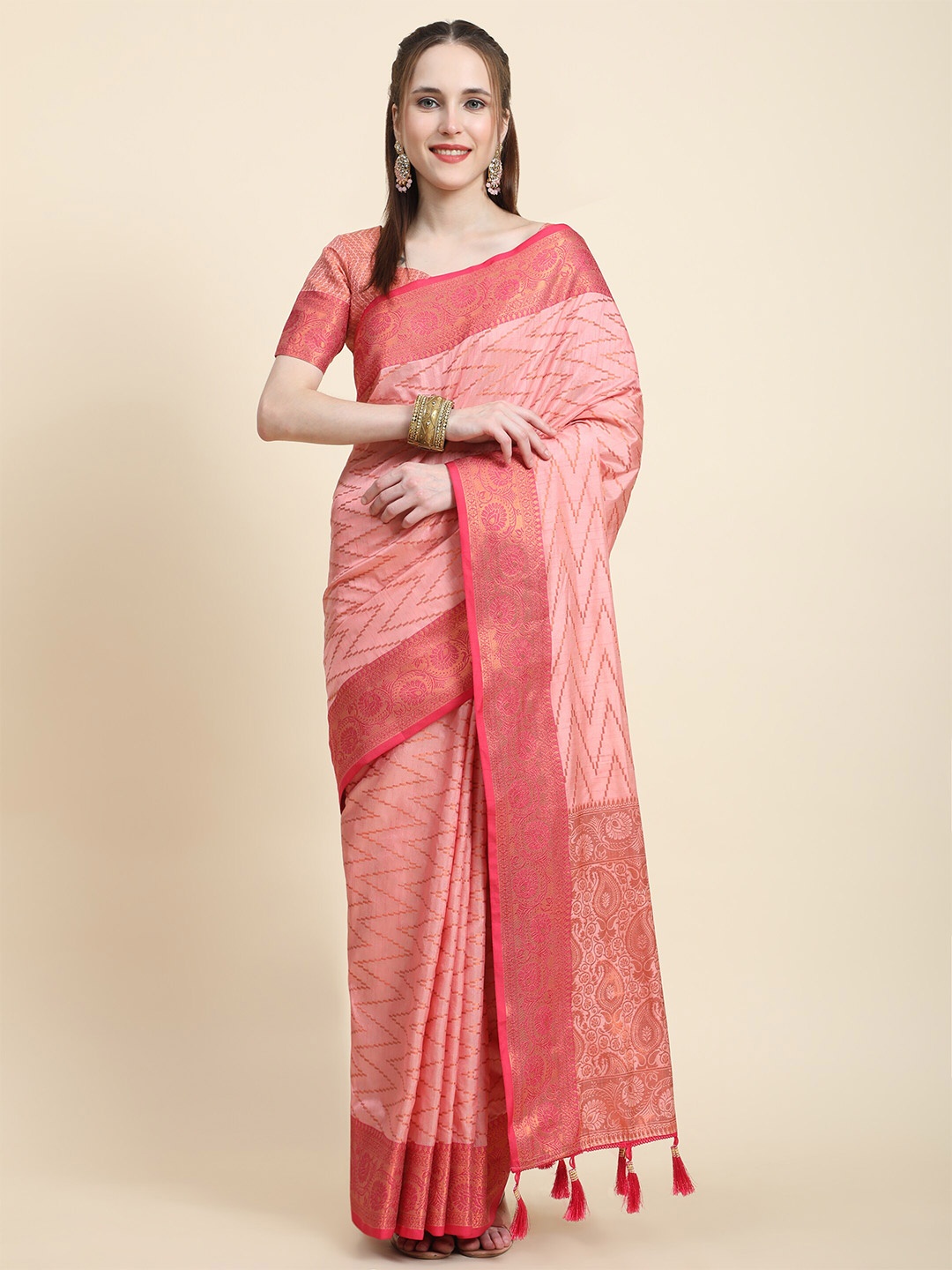 

YAVIRA SILK Woven Design Zari Silk Blend Banarasi Saree, Pink