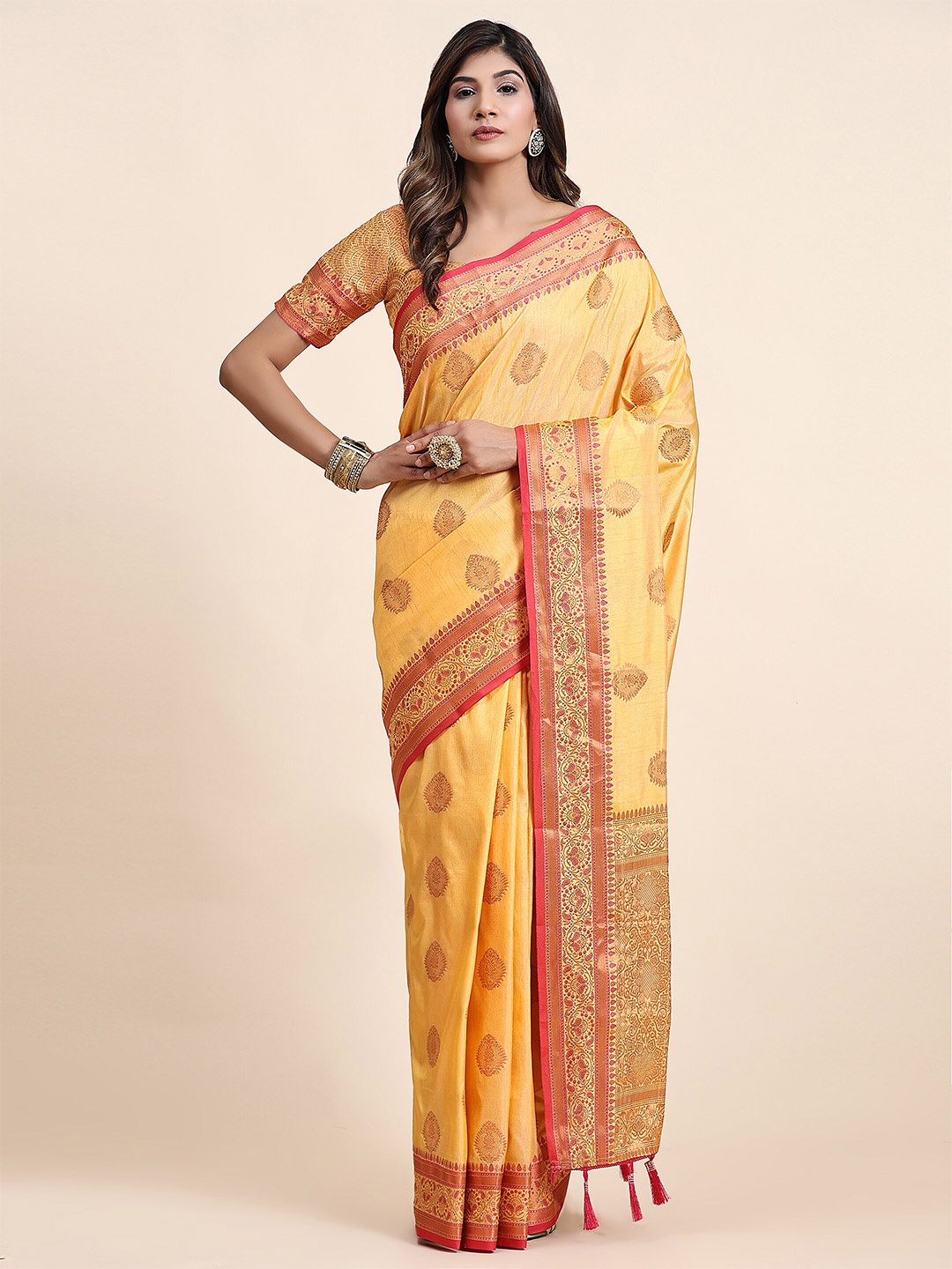 

YAVIRA SILK Ethnic Motifs Woven Design Zari Banarasi Saree, Yellow