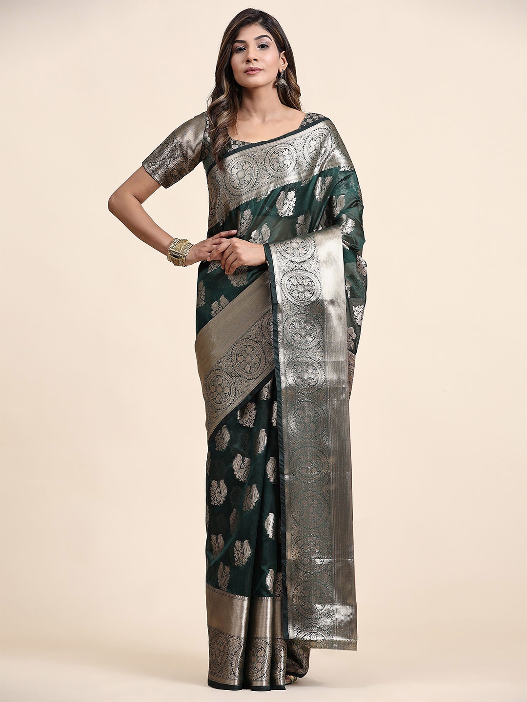 

YAVIRA SILK Ethnic Motifs Woven Design Zardozi Poly Georgette Banarasi Saree, Green