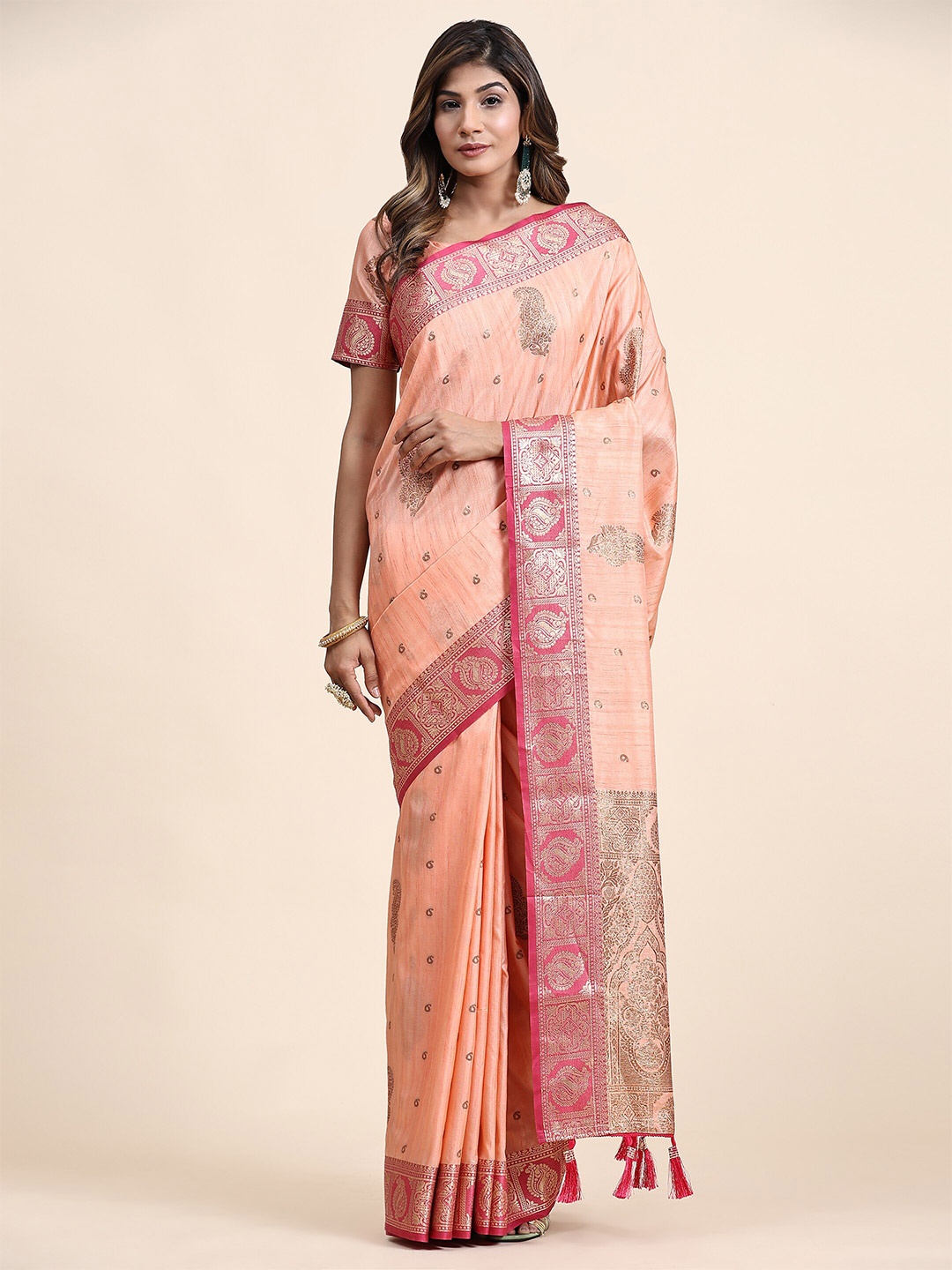 

YAVIRA SILK Ethnic Motifs Woven Design Zari Detail Banarasi Saree, Peach