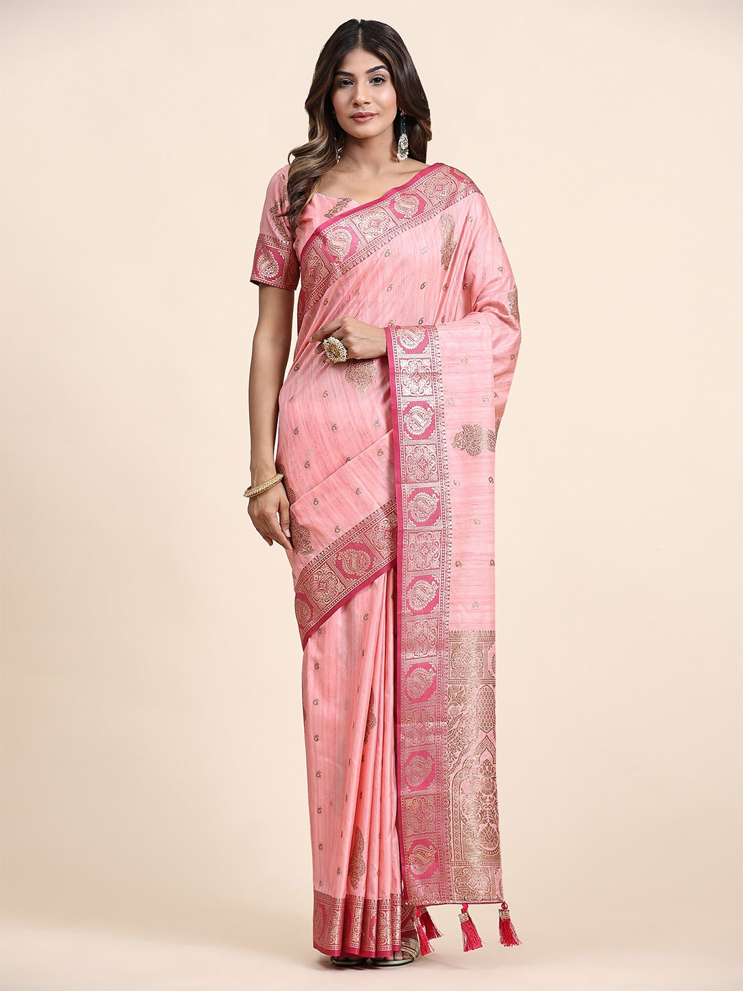 

YAVIRA SILK Paisley Woven Design Zari Detail Banarasi Saree, Pink