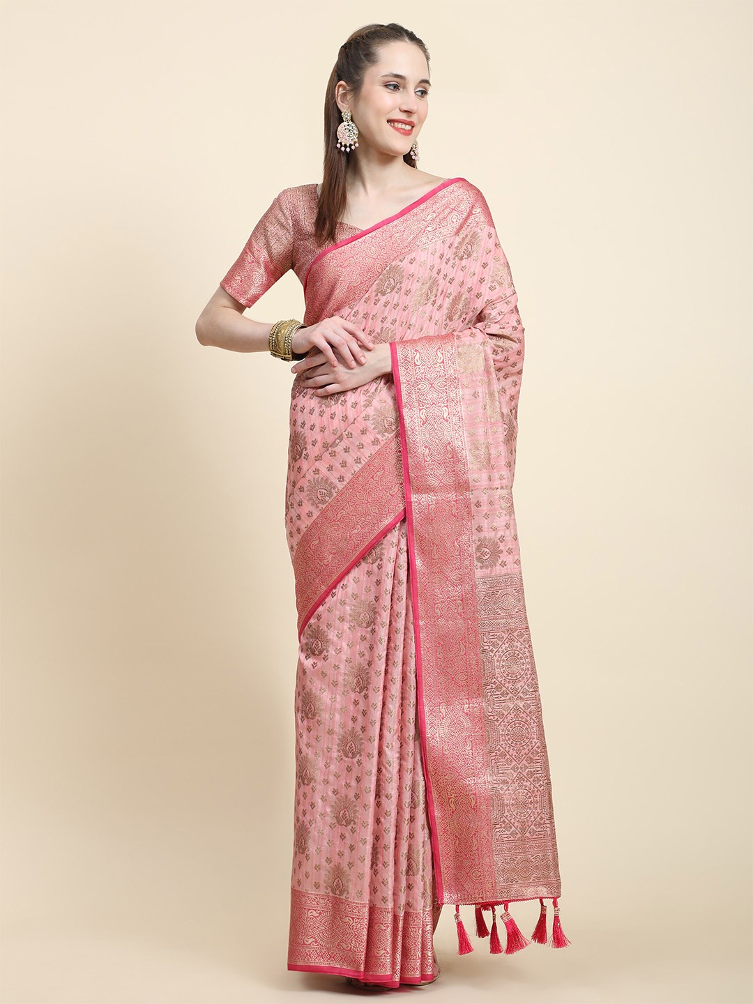 

YAVIRA SILK Ethnic Motifs Woven Design Zari Detail Banarasi Saree, Pink