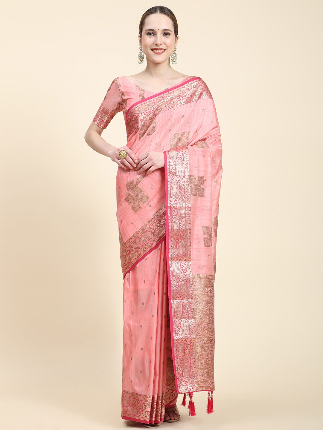 

YAVIRA SILK Ethnic Motifs Woven Design Zari Banarasi Saree, Pink