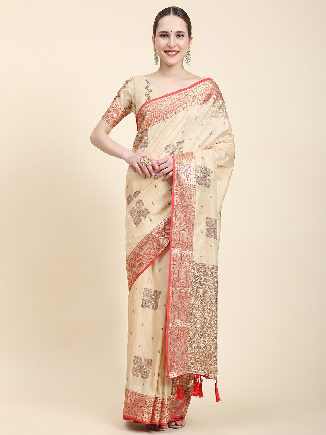 

YAVIRA SILK Ethnic Motifs Woven Design Zari Silk Blend Banarasi Saree, Off white