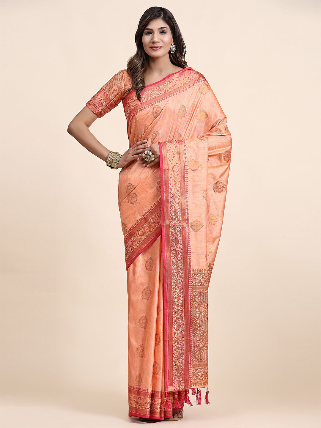 

YAVIRA SILK Ethnic Motifs Woven Design Zari Detail Banarasi Saree, Peach