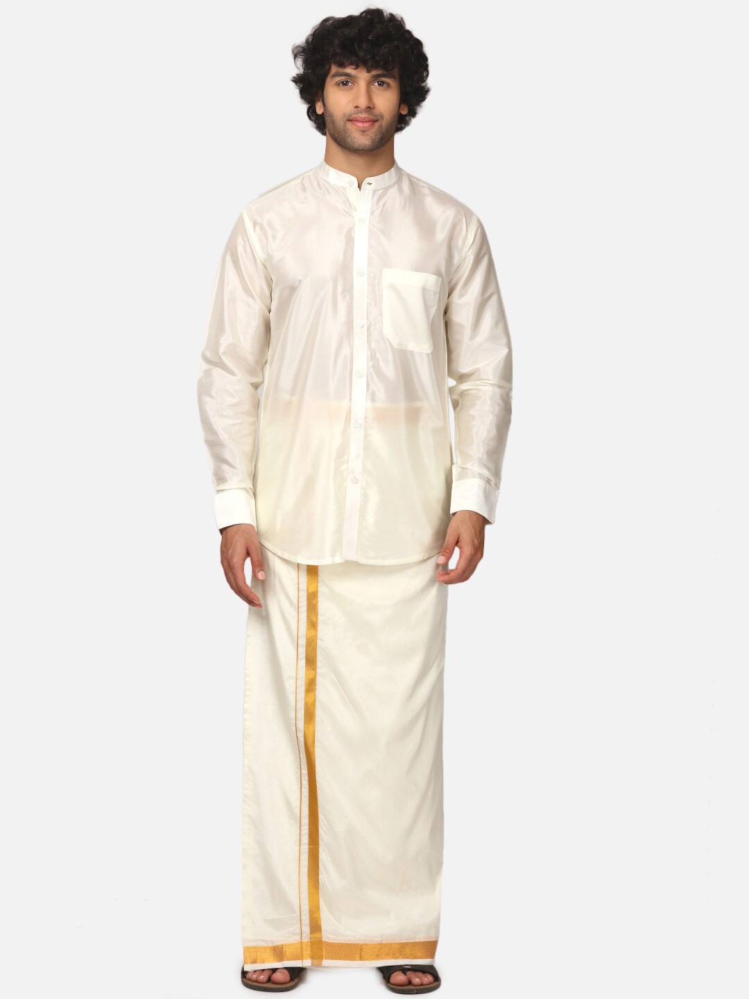 

Sethukrishna Mandarin Collar Long Sleeve Shirt With Veshti, Cream