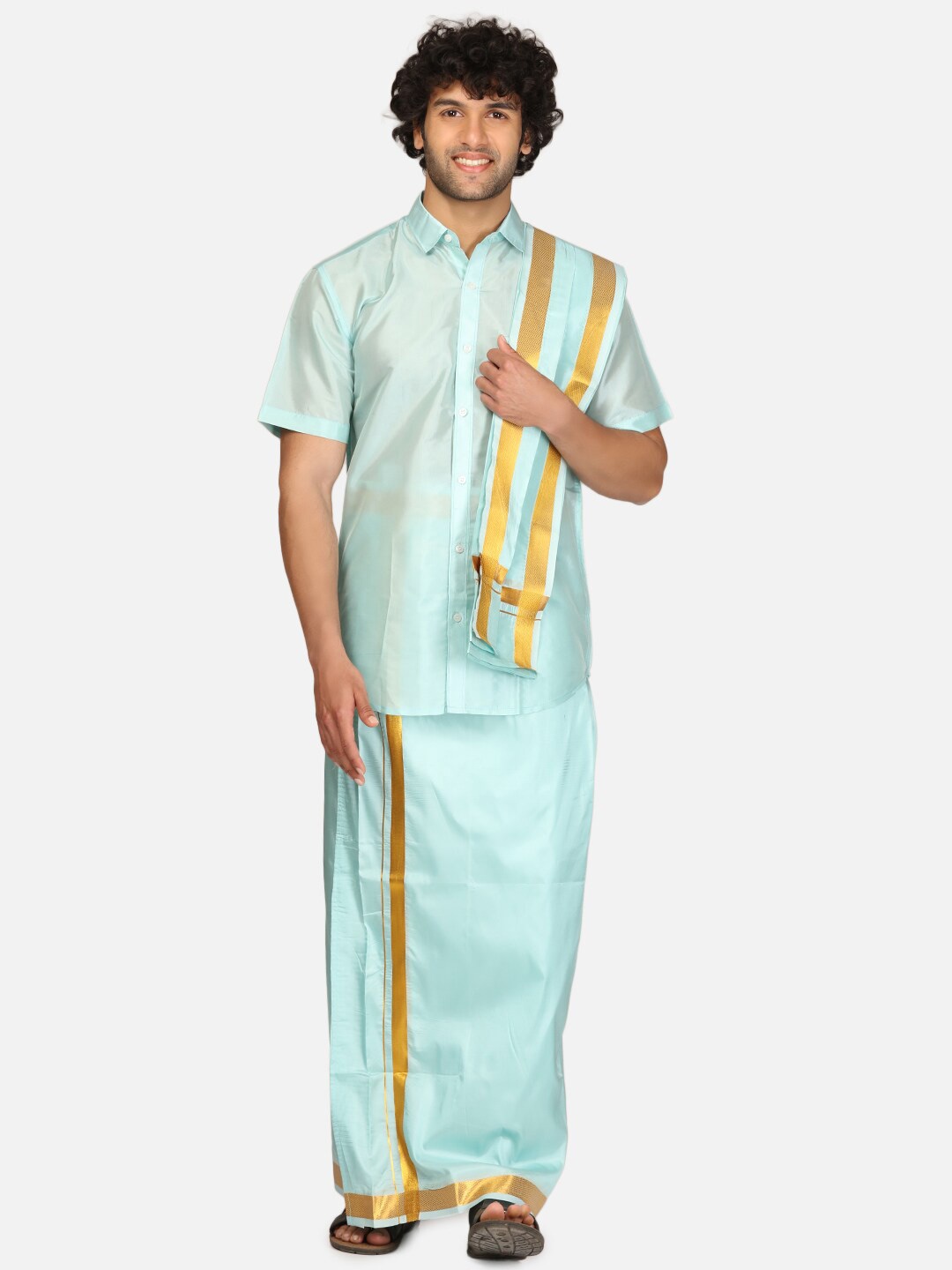 

Sethukrishna Shirt Collar Short Sleeve Shirt With Veshti & Angavastram, Blue