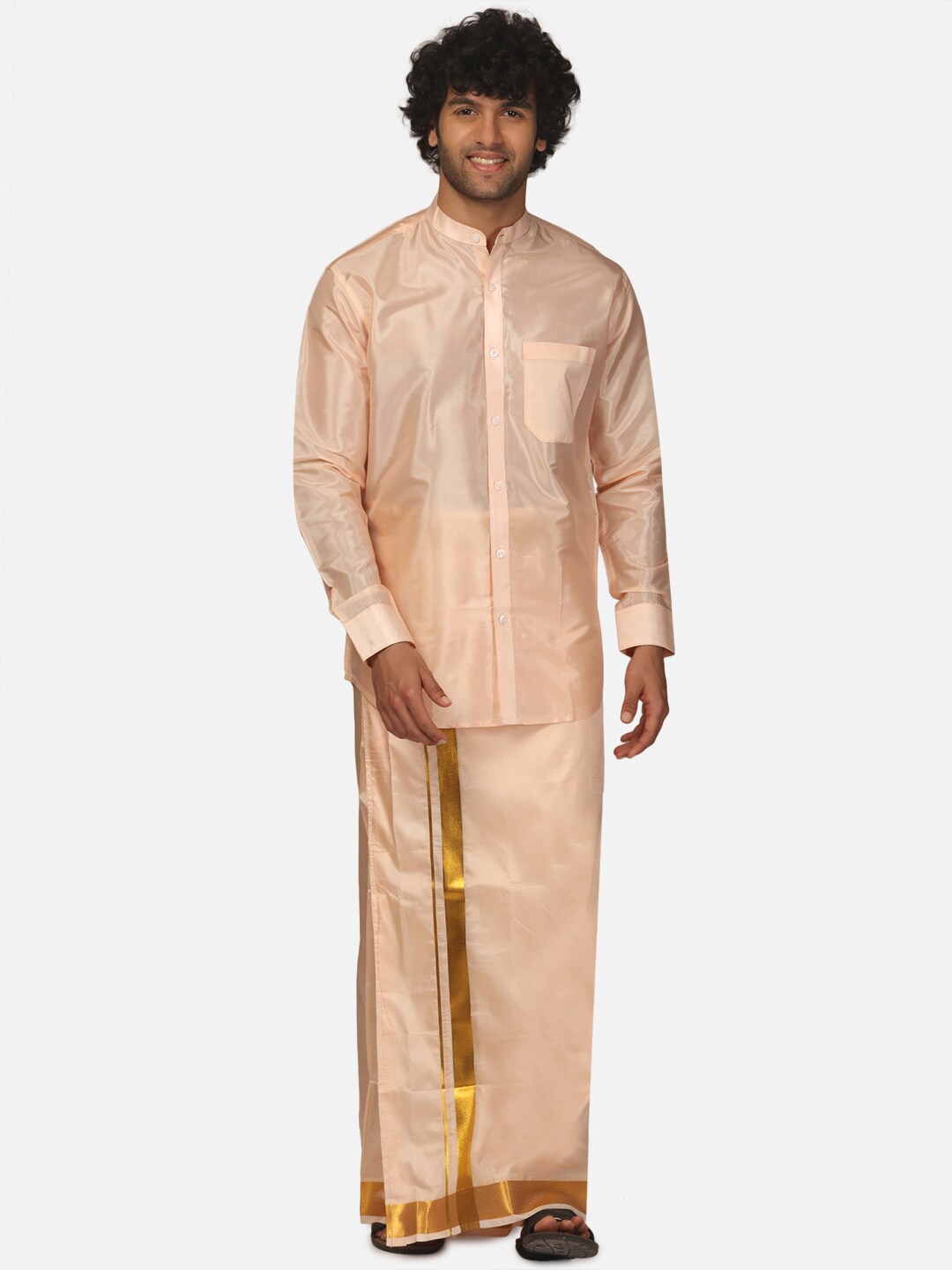 

Sethukrishna Mandarin Collar Shirt & Veshti Clothing Set, Orange