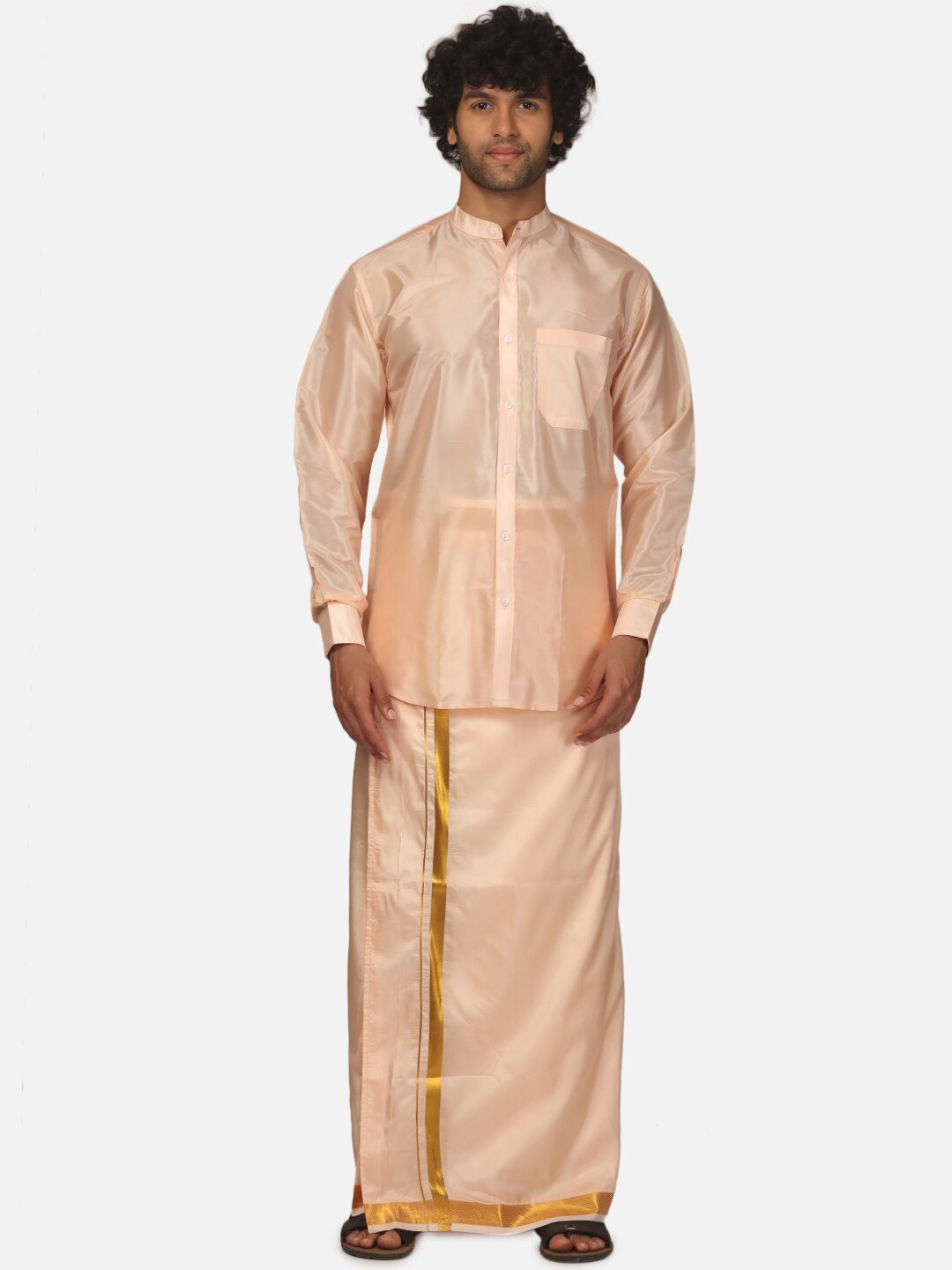 

Sethukrishna Mandarin Collar Long Sleeve Shirt With Veshti, Orange