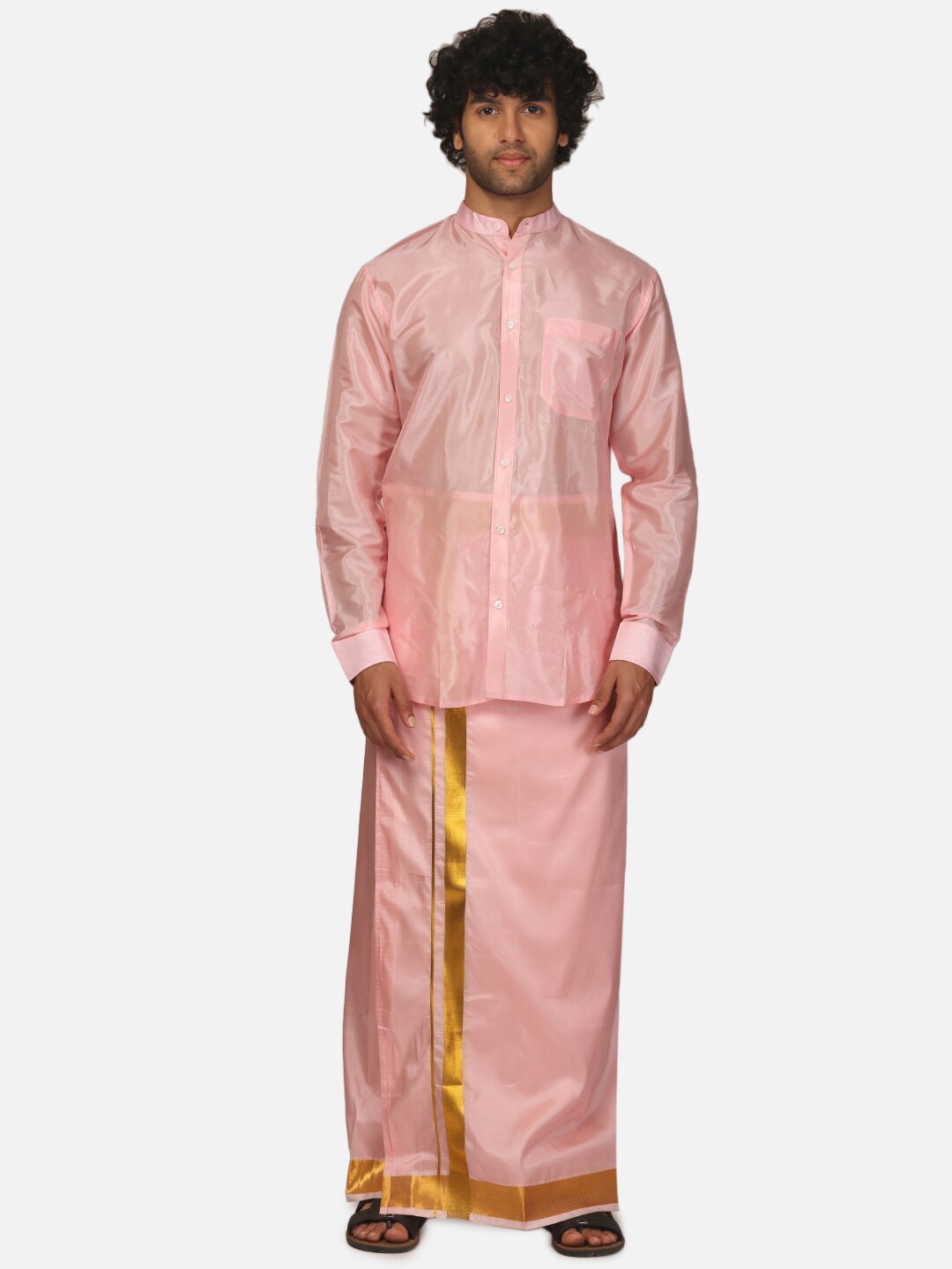 

Sethukrishna Mandarin Collar Shirt & Veshti, Pink