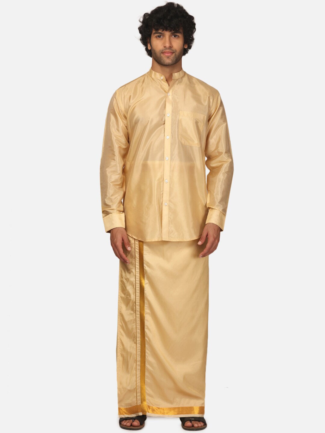 

Sethukrishna Mandarin Collar Shirt With Veshti, Beige