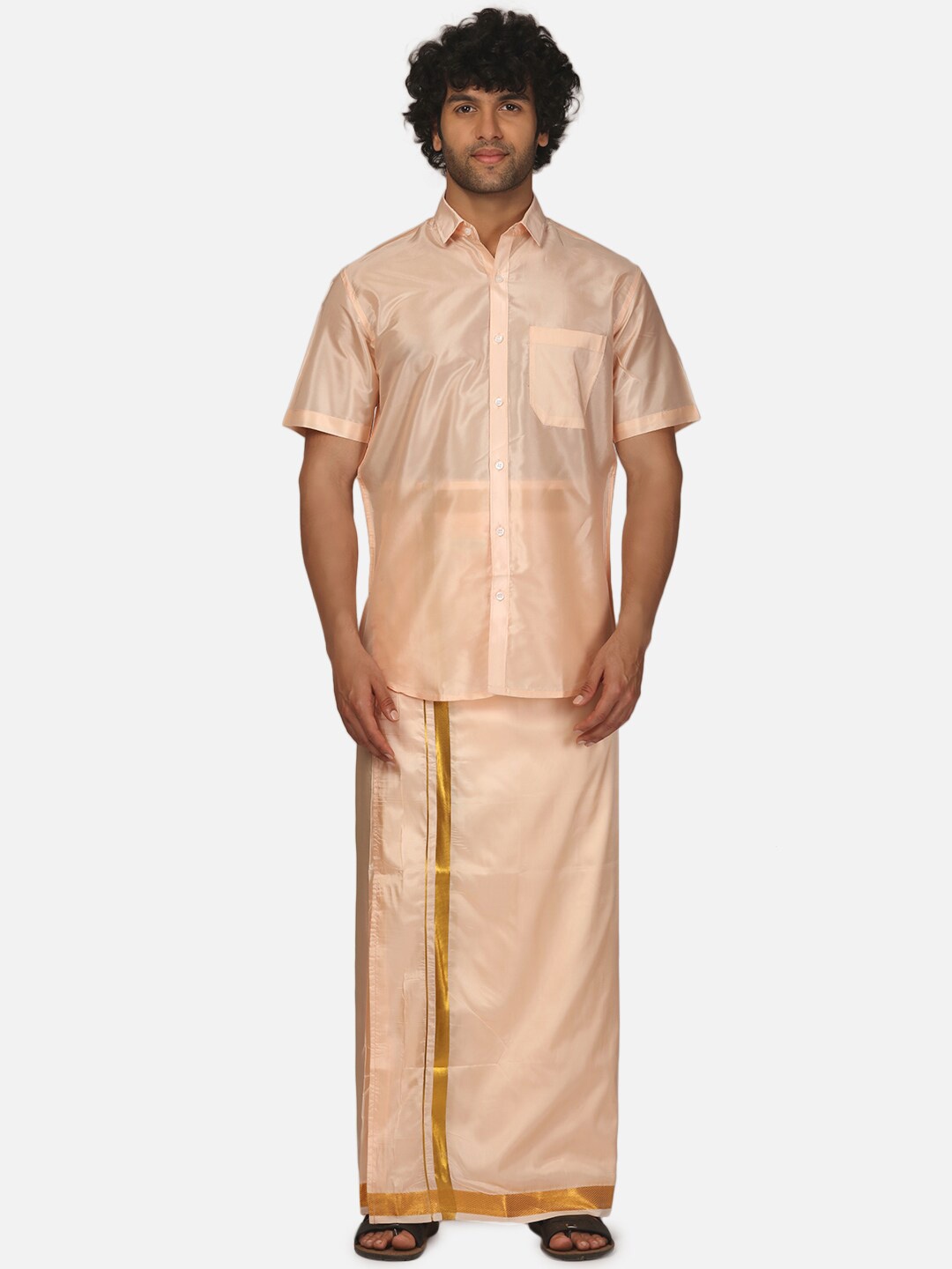 

Sethukrishna Spread Collar Shirt With Veshti, Orange