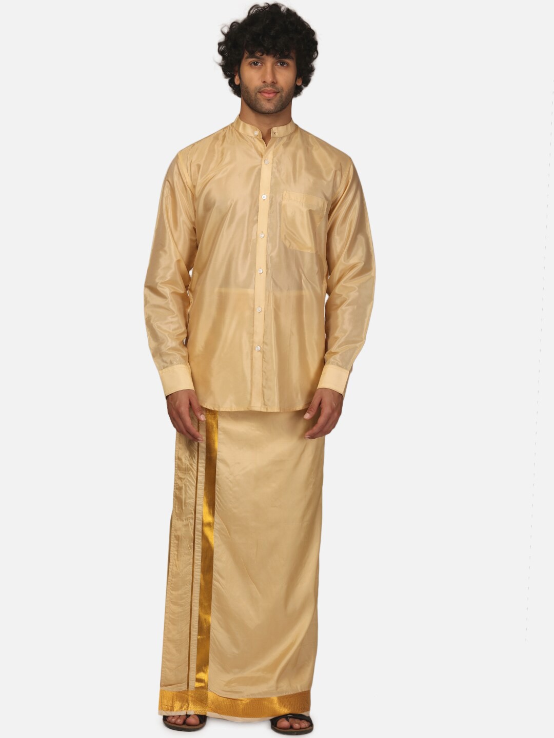 

Sethukrishna Mandarin Collar Shirt With Veshti, Beige