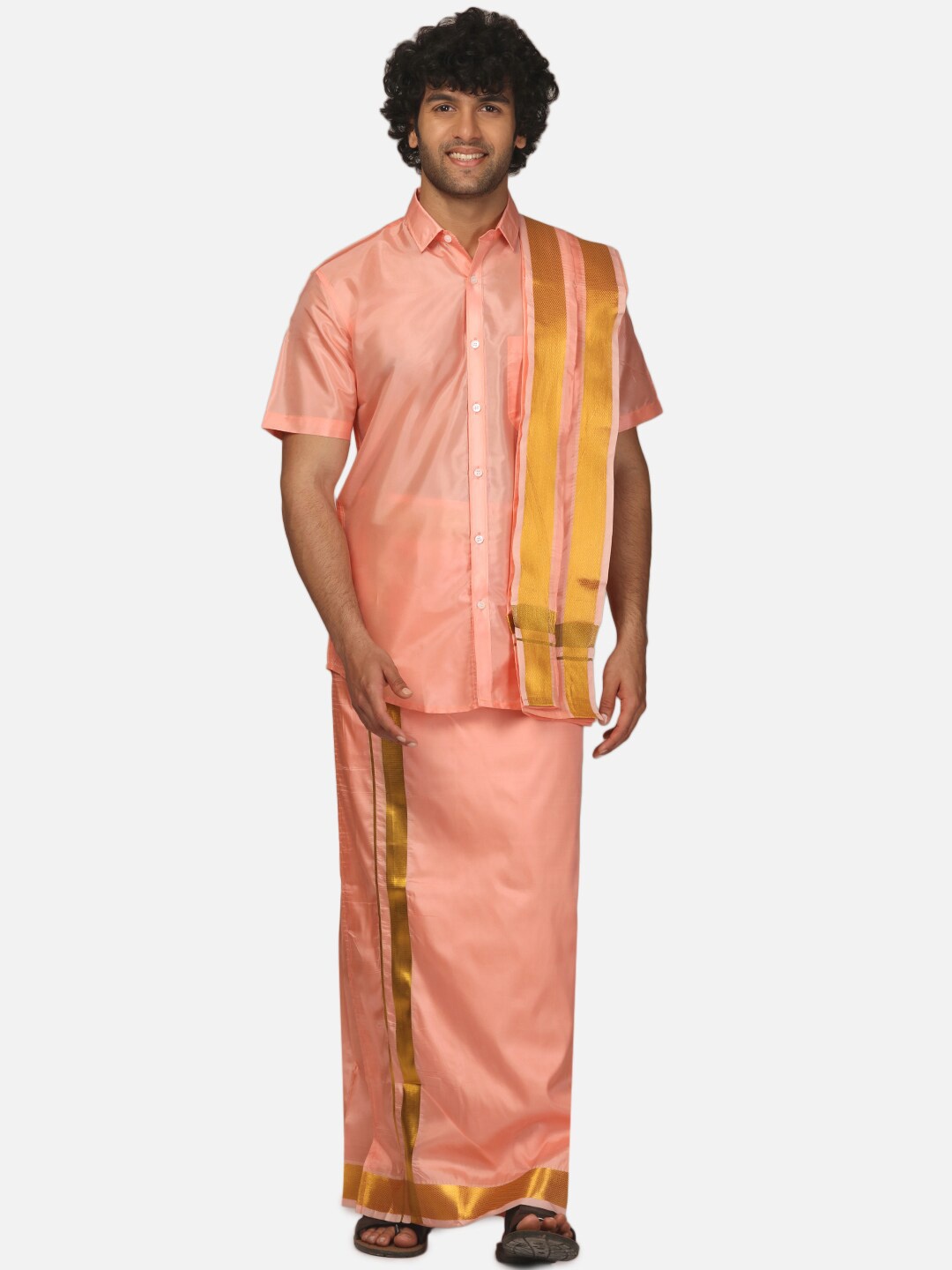 

Sethukrishna Shirt Collar Shirt & Veshti With Angavastram, Peach