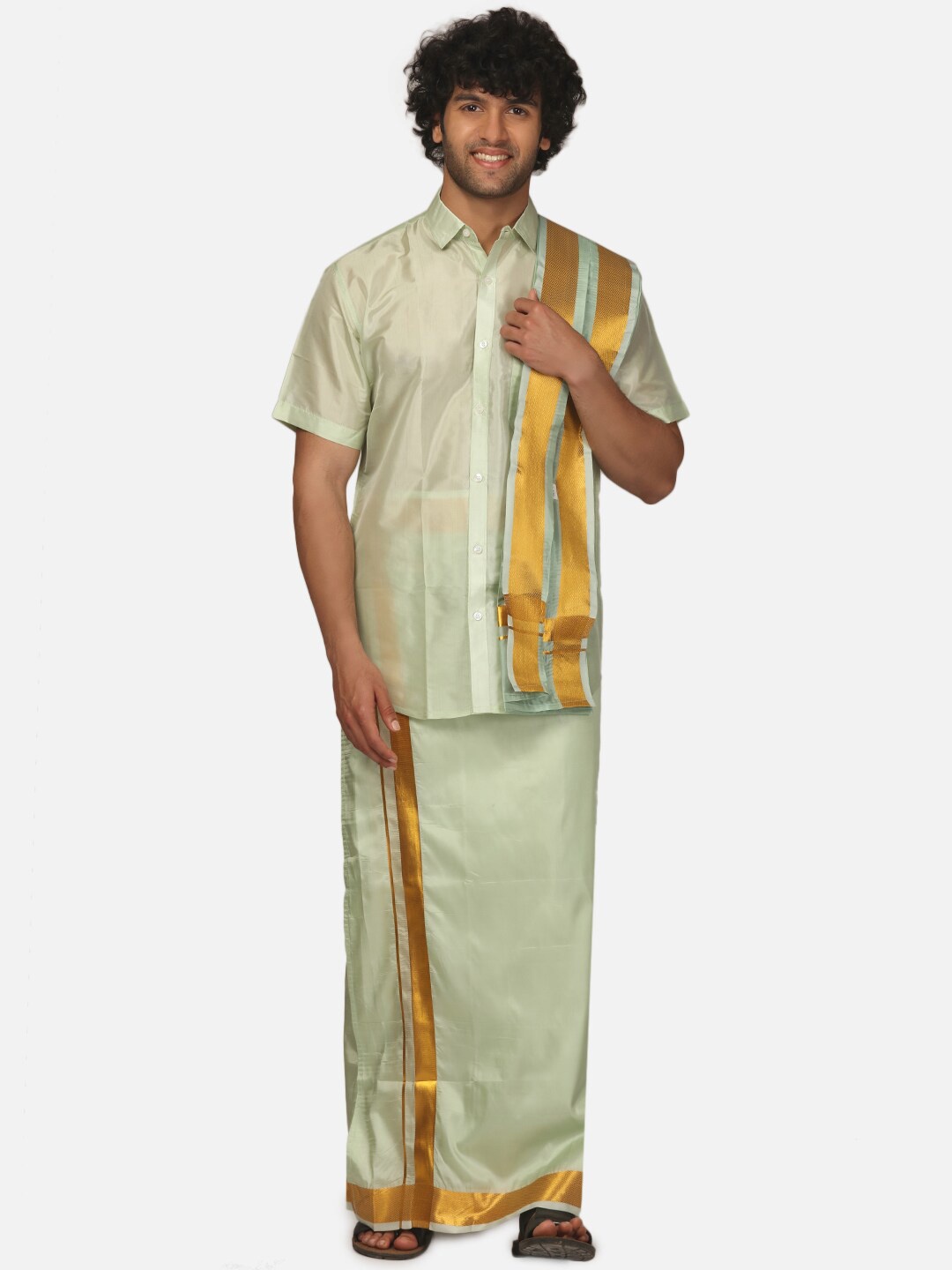 

Sethukrishna Spread Collar Shirt With Veshti, Green