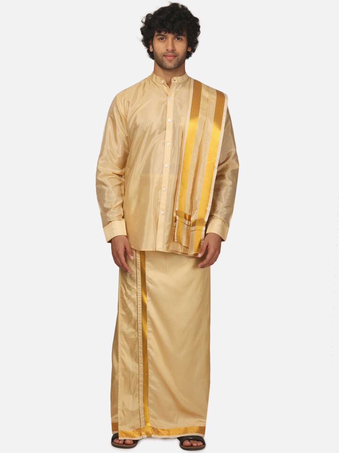 

Sethukrishna Mandarin Collar Shirt With Veshti, Beige