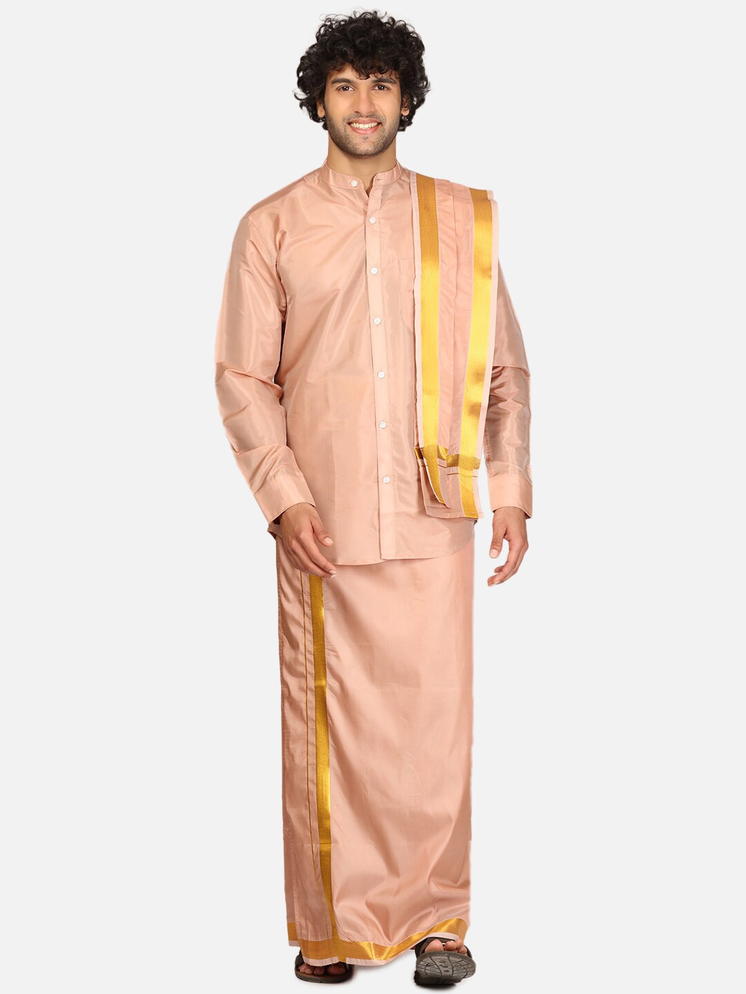 

Sethukrishna Mandarin Collar Shirt With Veshti, Bronze