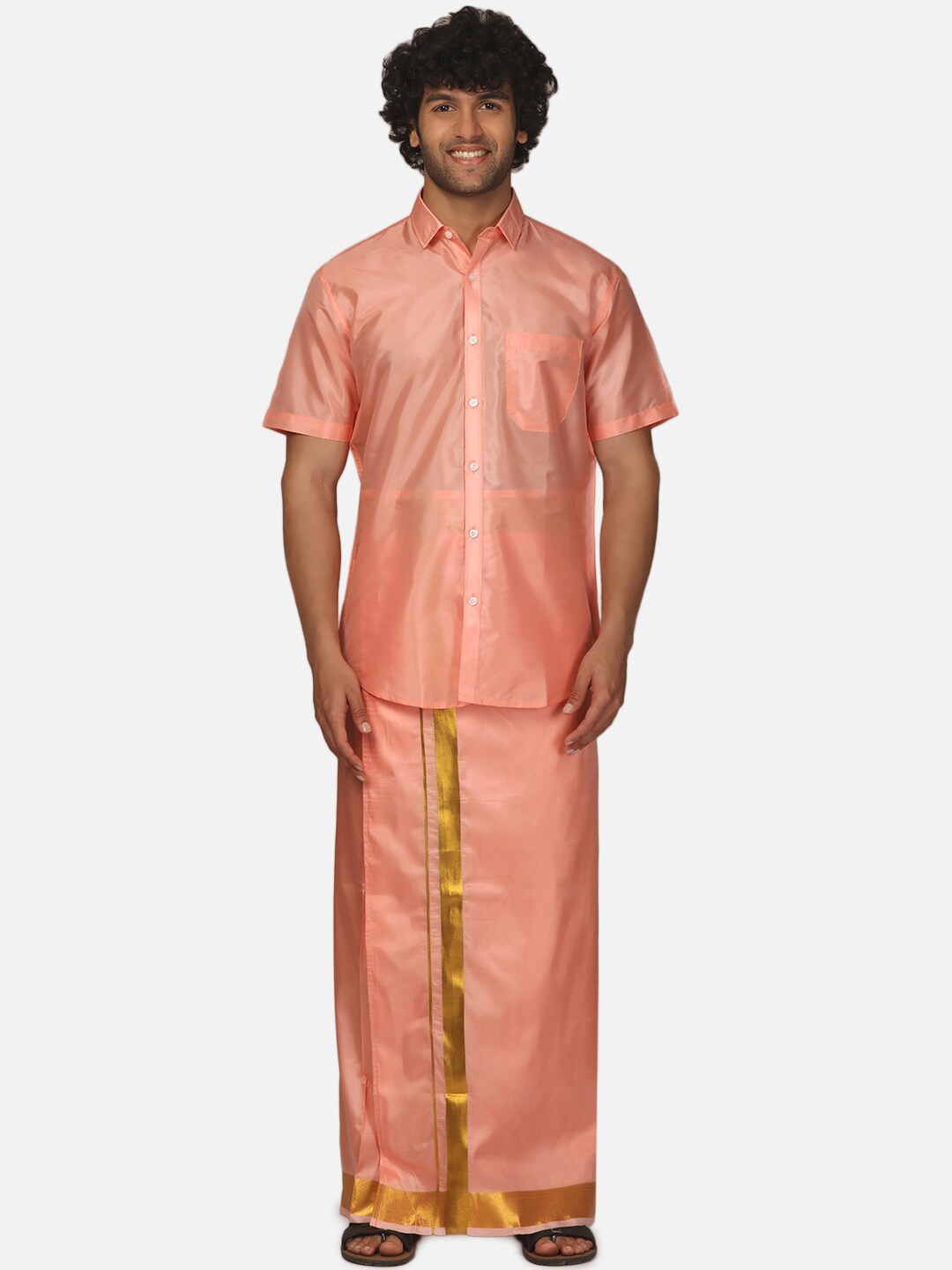 

Sethukrishna Spread Collar Shirt With Veshti, Peach