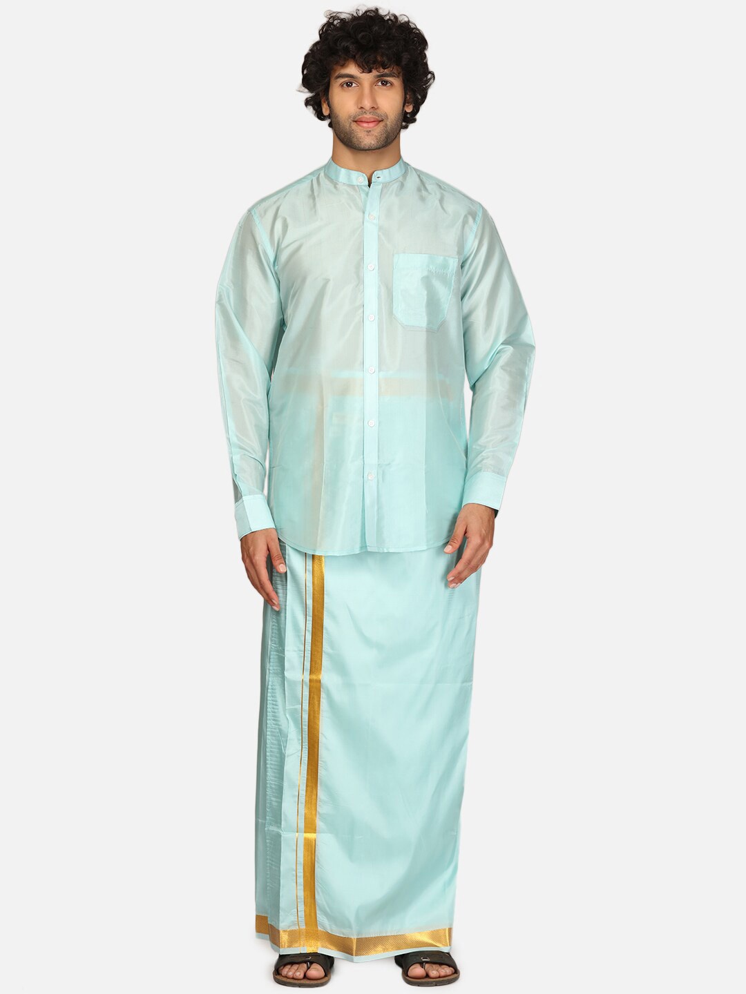 

Sethukrishna Mandarin Collar Shirt With Veshti, Blue