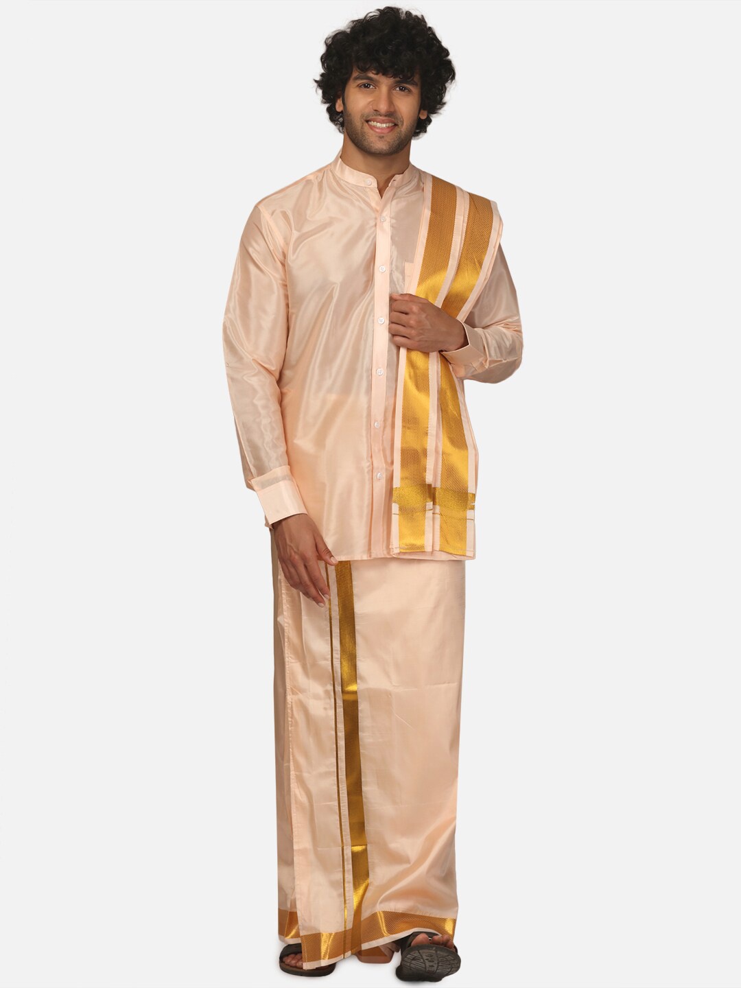 

Sethukrishna Mandarin Collar Long Sleeve Shirt With Veshti & Angavastram, Orange