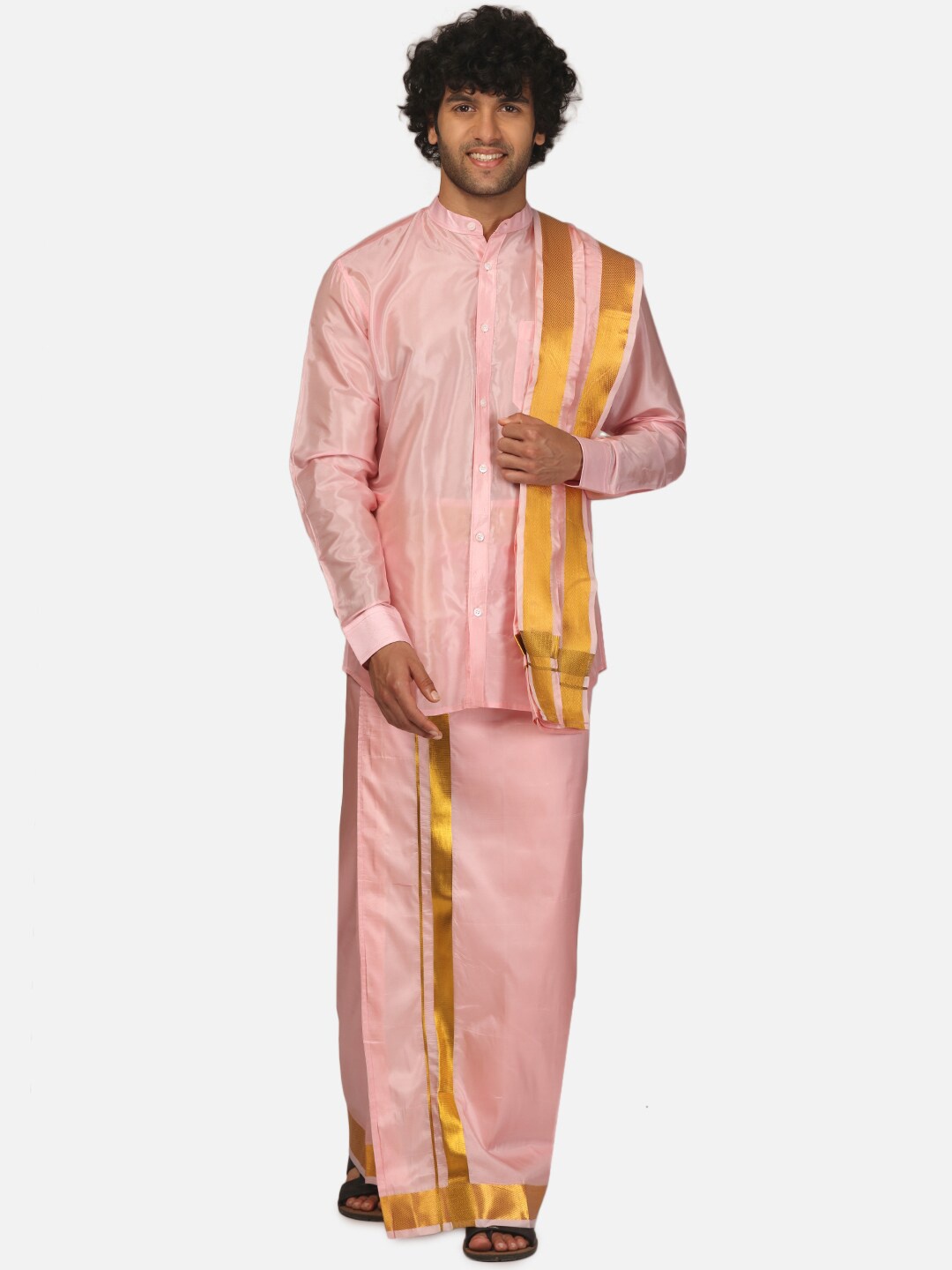 

Sethukrishna Mandarin Collar Shirt & Veshti Clothing Set, Pink