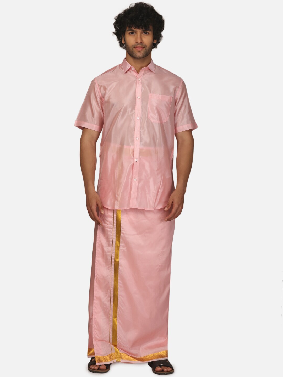 

Sethukrishna Spread Collar Shirt With Veshti, Pink