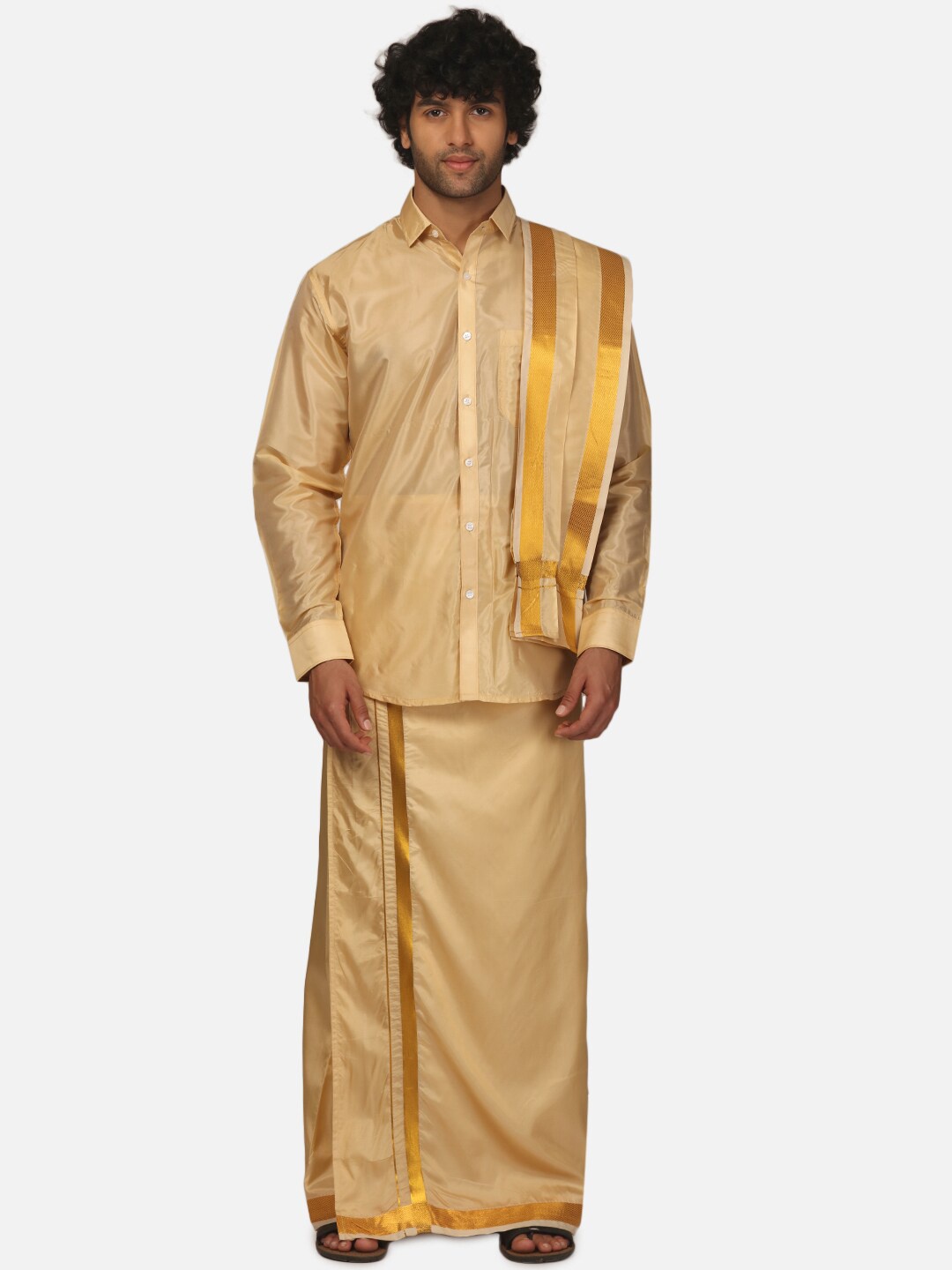 

Sethukrishna Spread Collar Shirt With Veshti, Beige