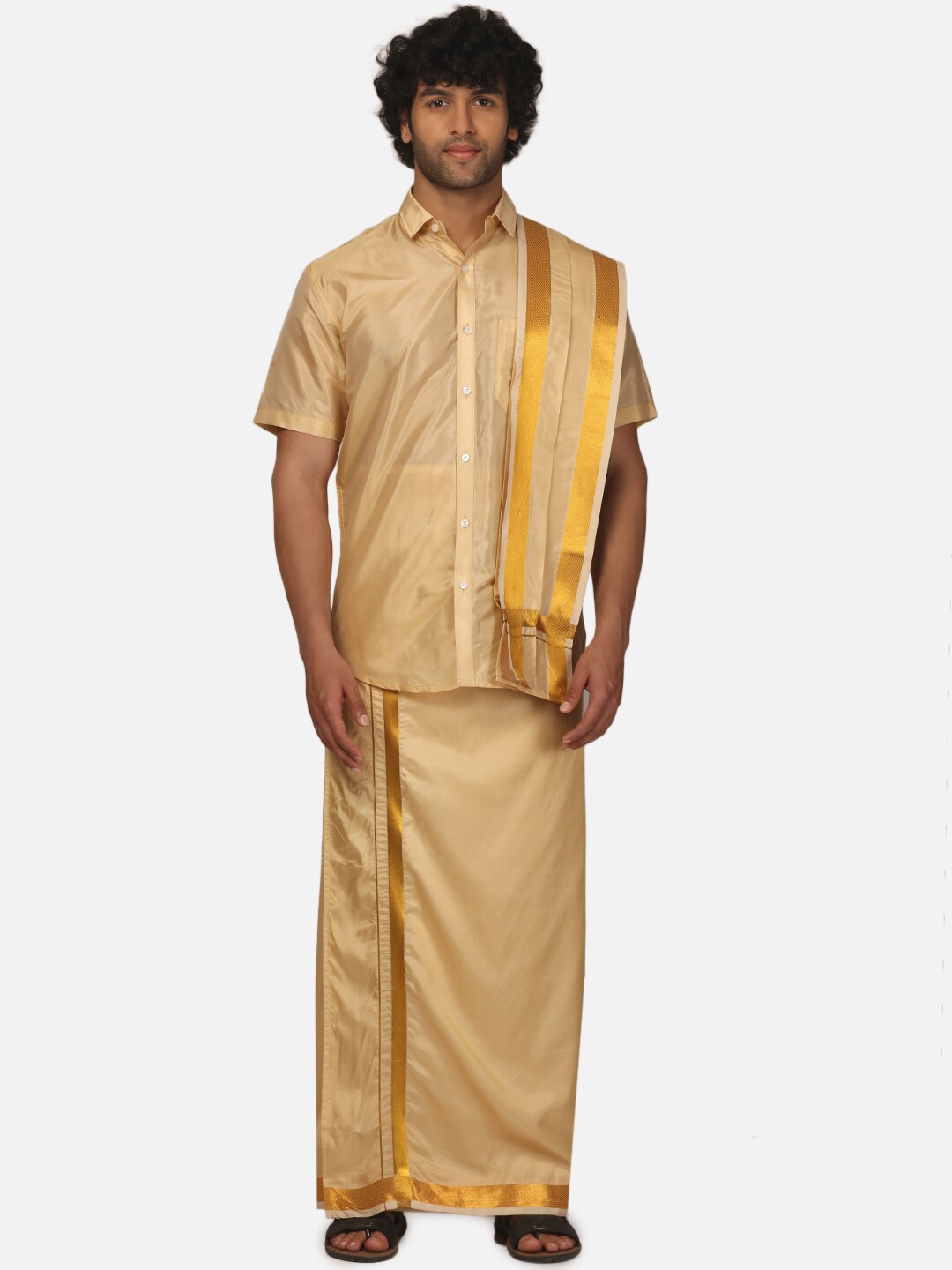 

Sethukrishna Shirt Collar Short Sleeve Shirt With Veshti & Angavastram, Beige
